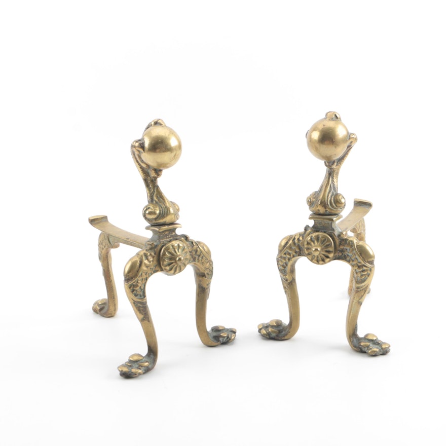 Vintage Brass Footed Andirons with Claw and Ball Motif