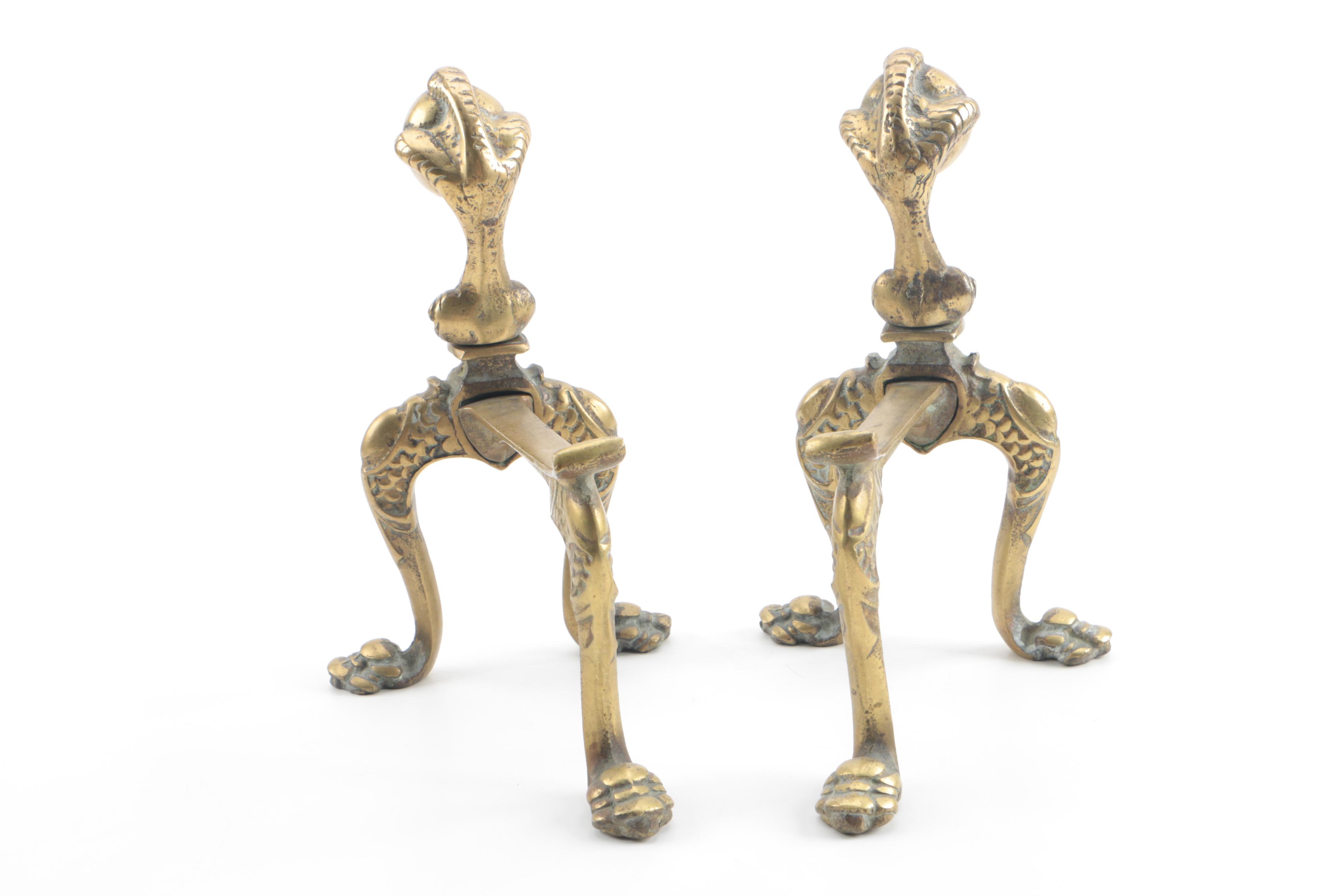 Vintage Brass Footed Andirons with Claw and Ball Motif