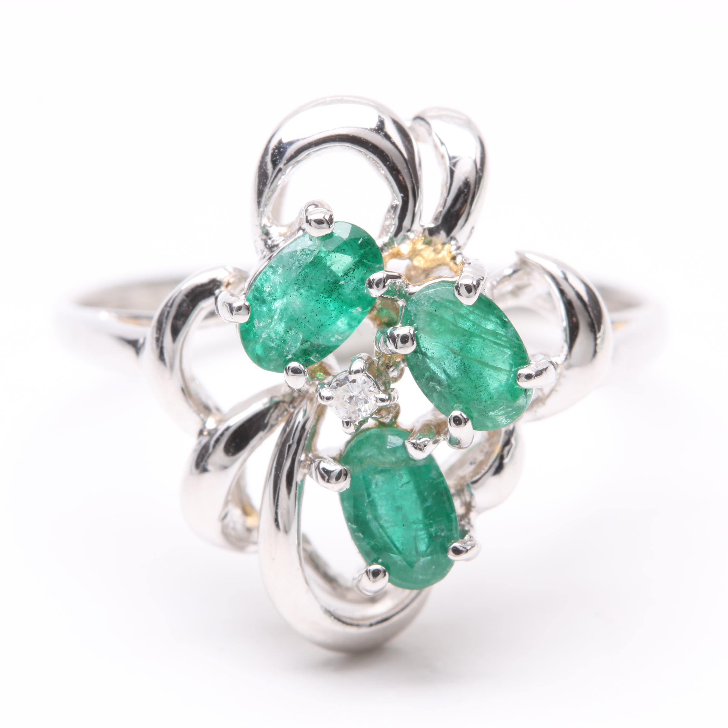 14K White Gold Emerald and Diamond Ring