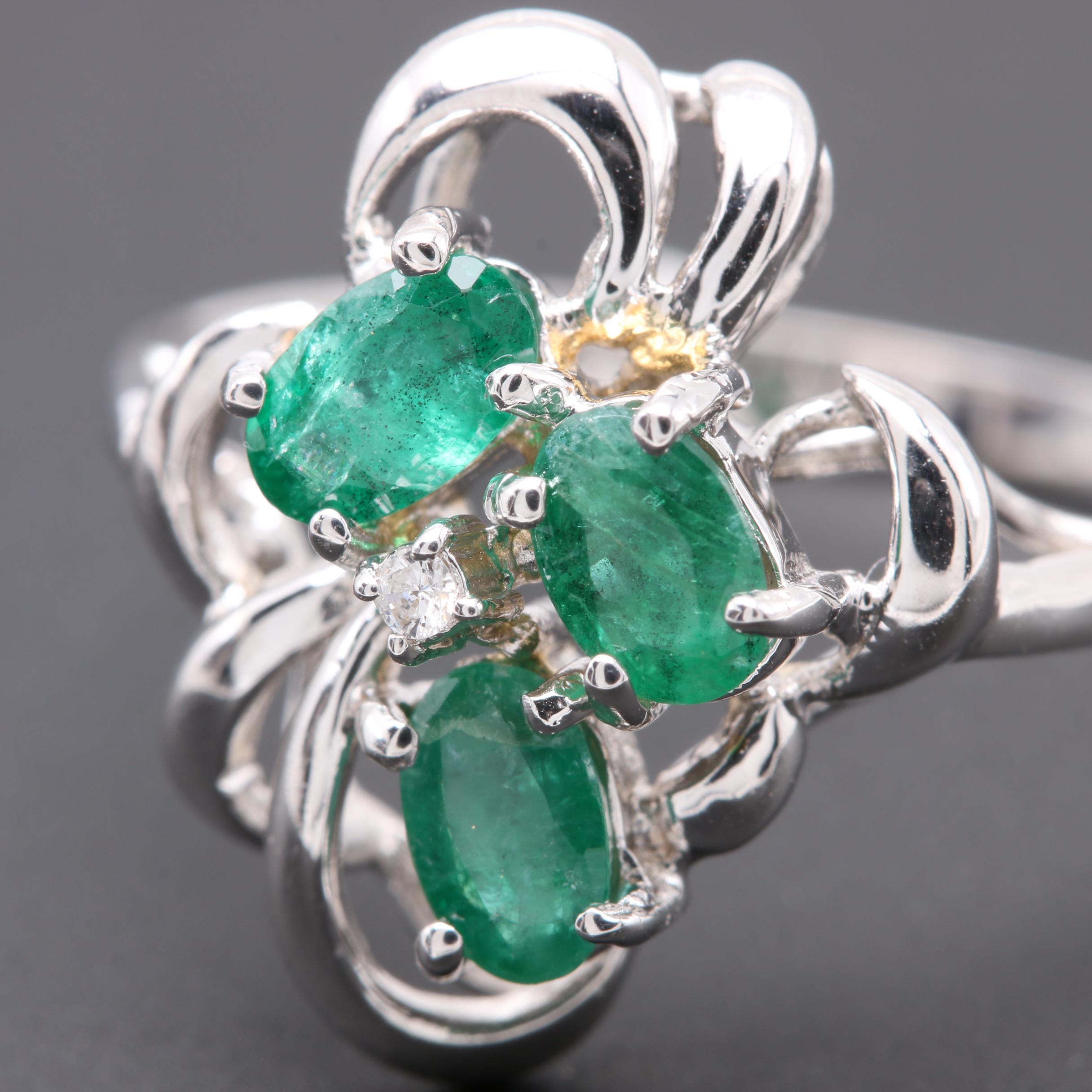 14K White Gold Emerald and Diamond Ring