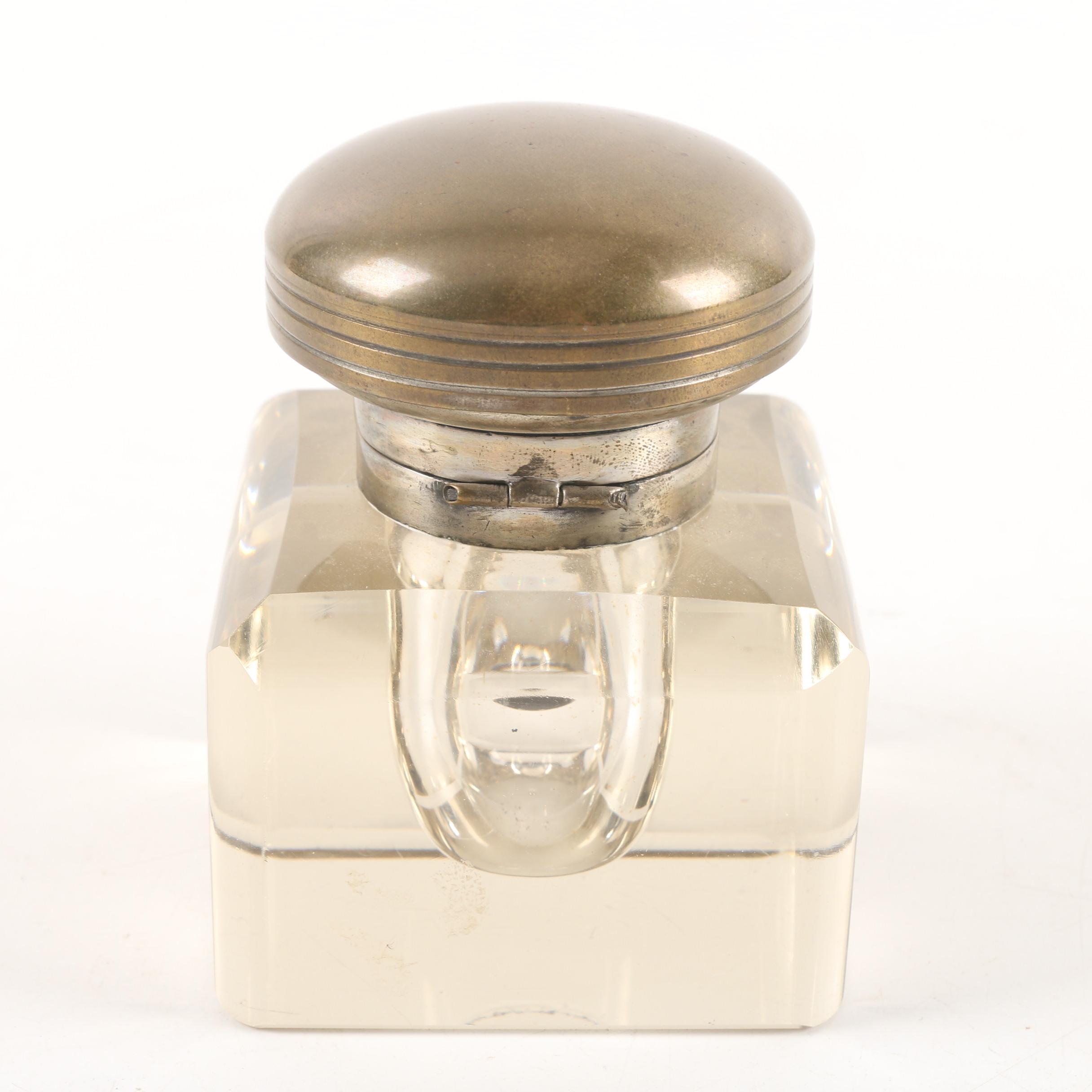 Vintage Square Glass Inkwell with Brass Hinged Lid