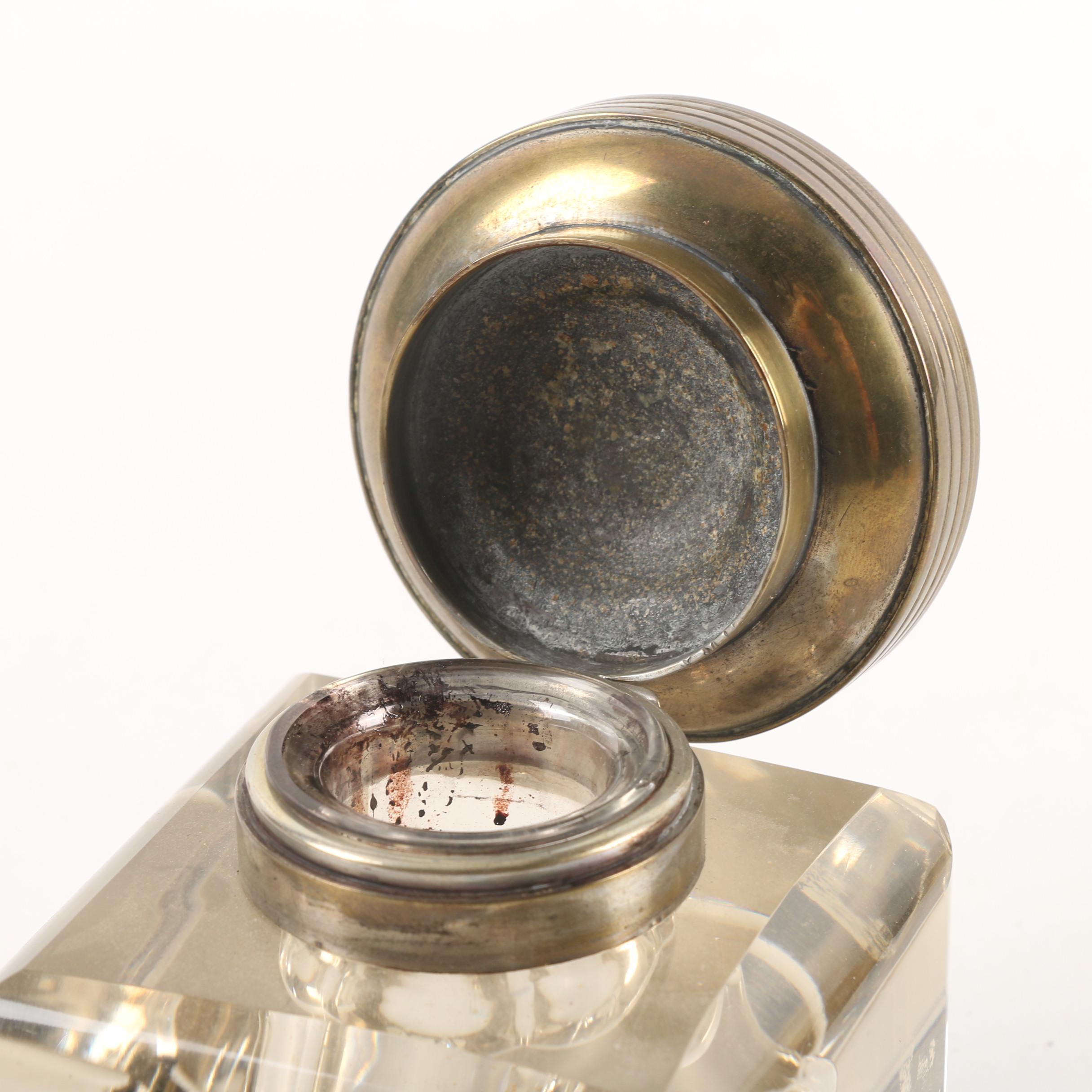 Vintage Square Glass Inkwell with Brass Hinged Lid