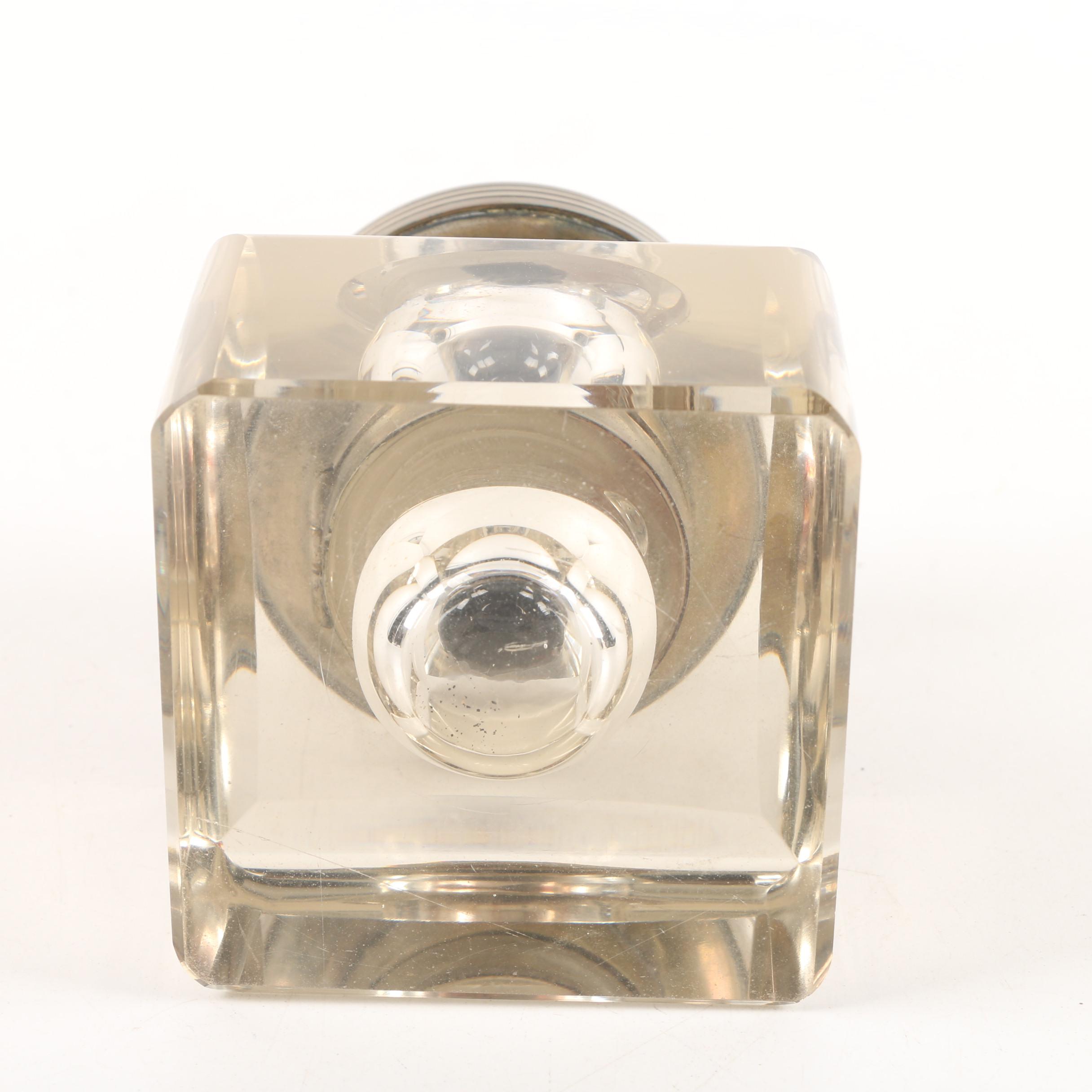 Vintage Square Glass Inkwell with Brass Hinged Lid