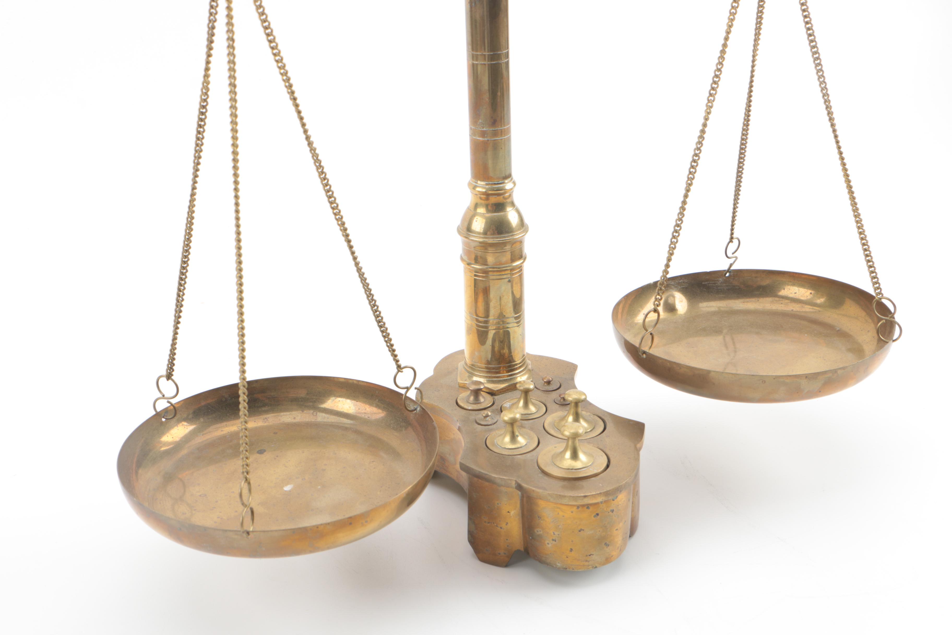 Portuguese Manaus Brass Plated Balance Scale with Weights