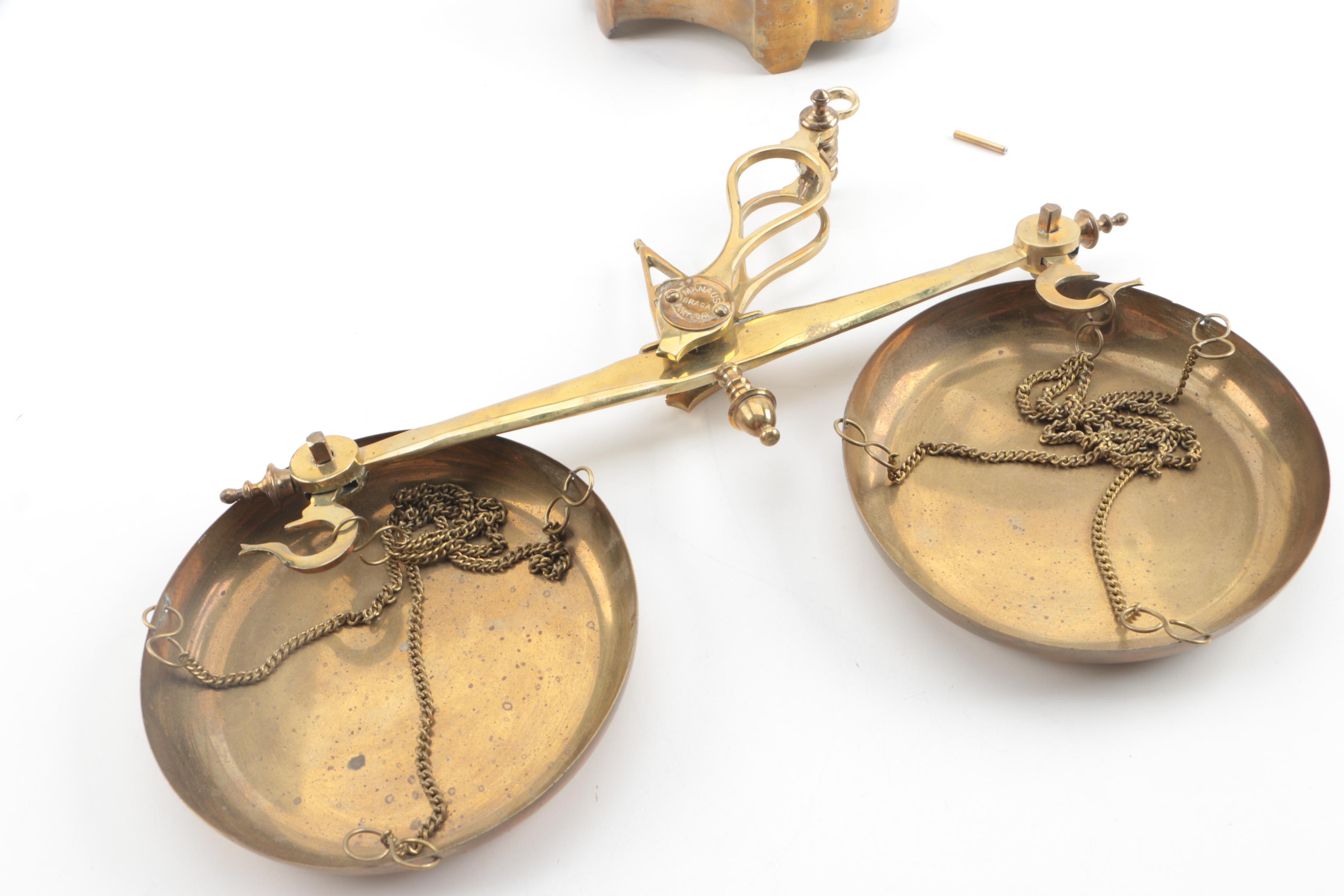 Portuguese Manaus Brass Plated Balance Scale with Weights