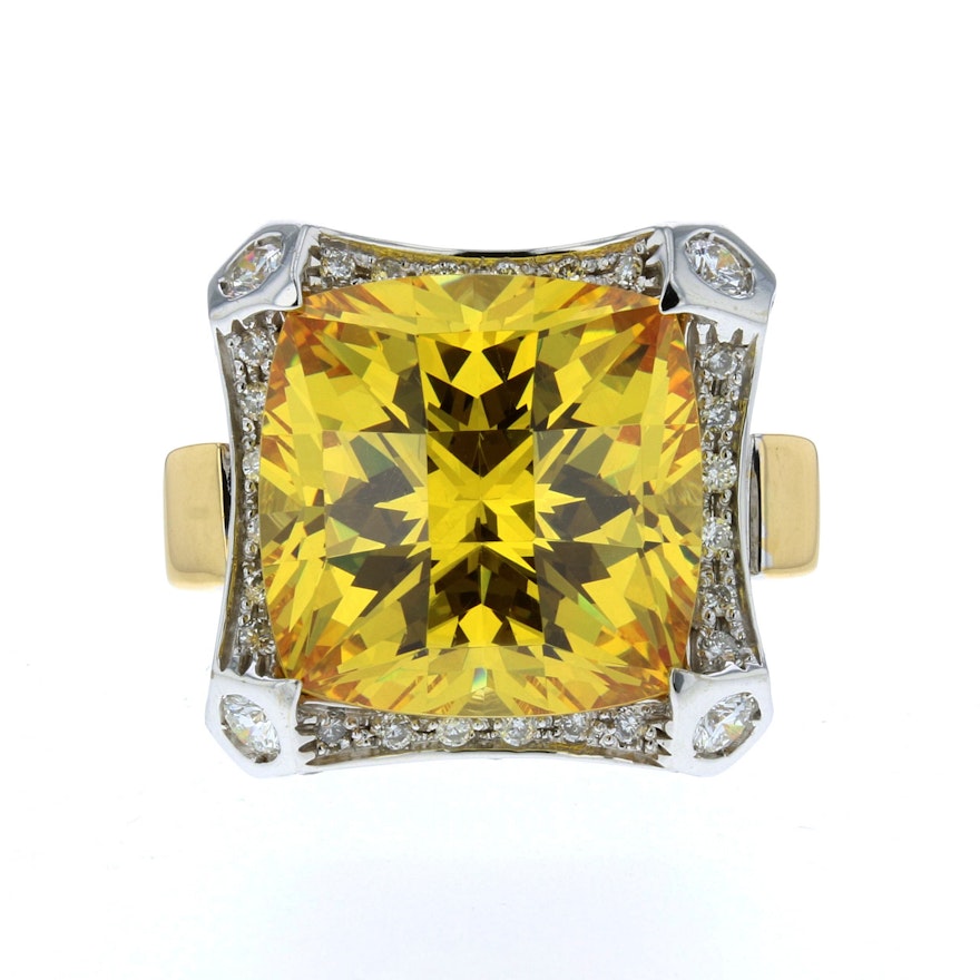 18K Two-Tone Gold Yellow Cubic Zirconia and Diamond Ring