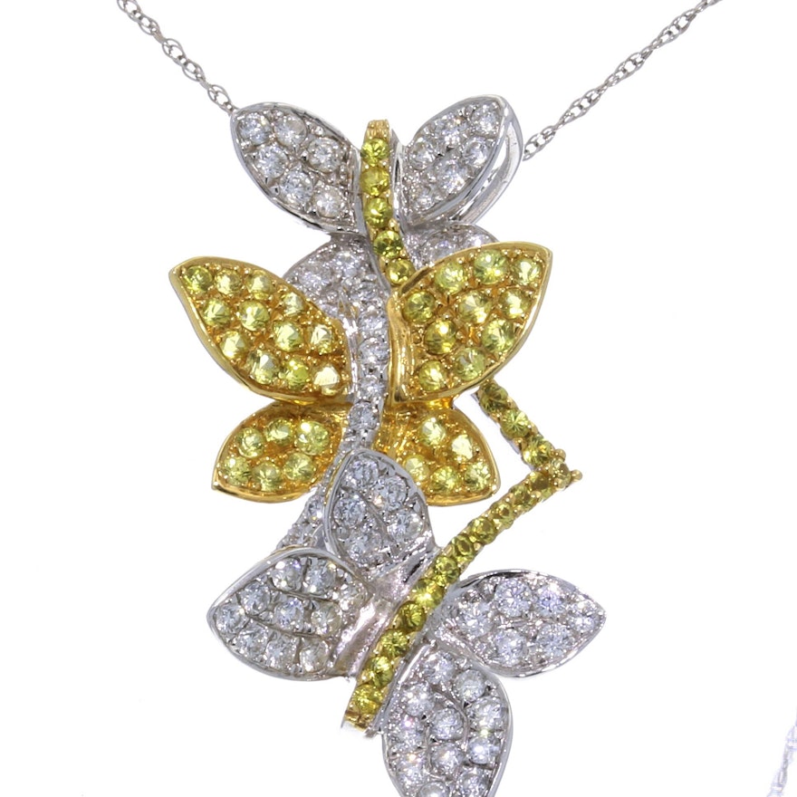 18K White Gold Diamond and Yellow Sapphire Butterfly Pendant on a 14K Gold Chain