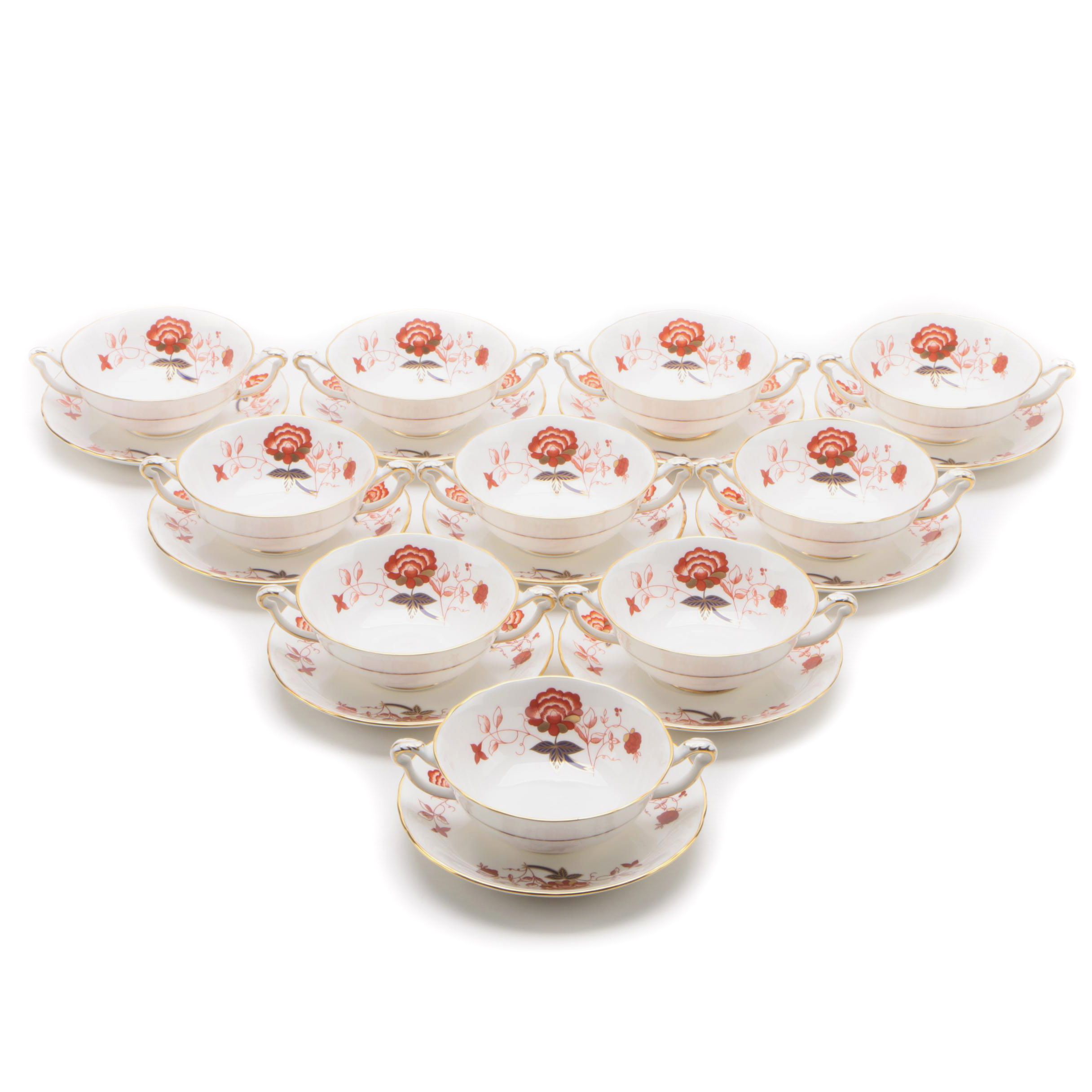 Royal Crown Derby "Bali" Cream Soup Bowls and Saucers Circa 1975 - 1992