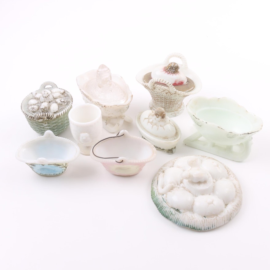 Antique and Vintage Milk Glass Baskets, Sleighs and Trinket Boxes