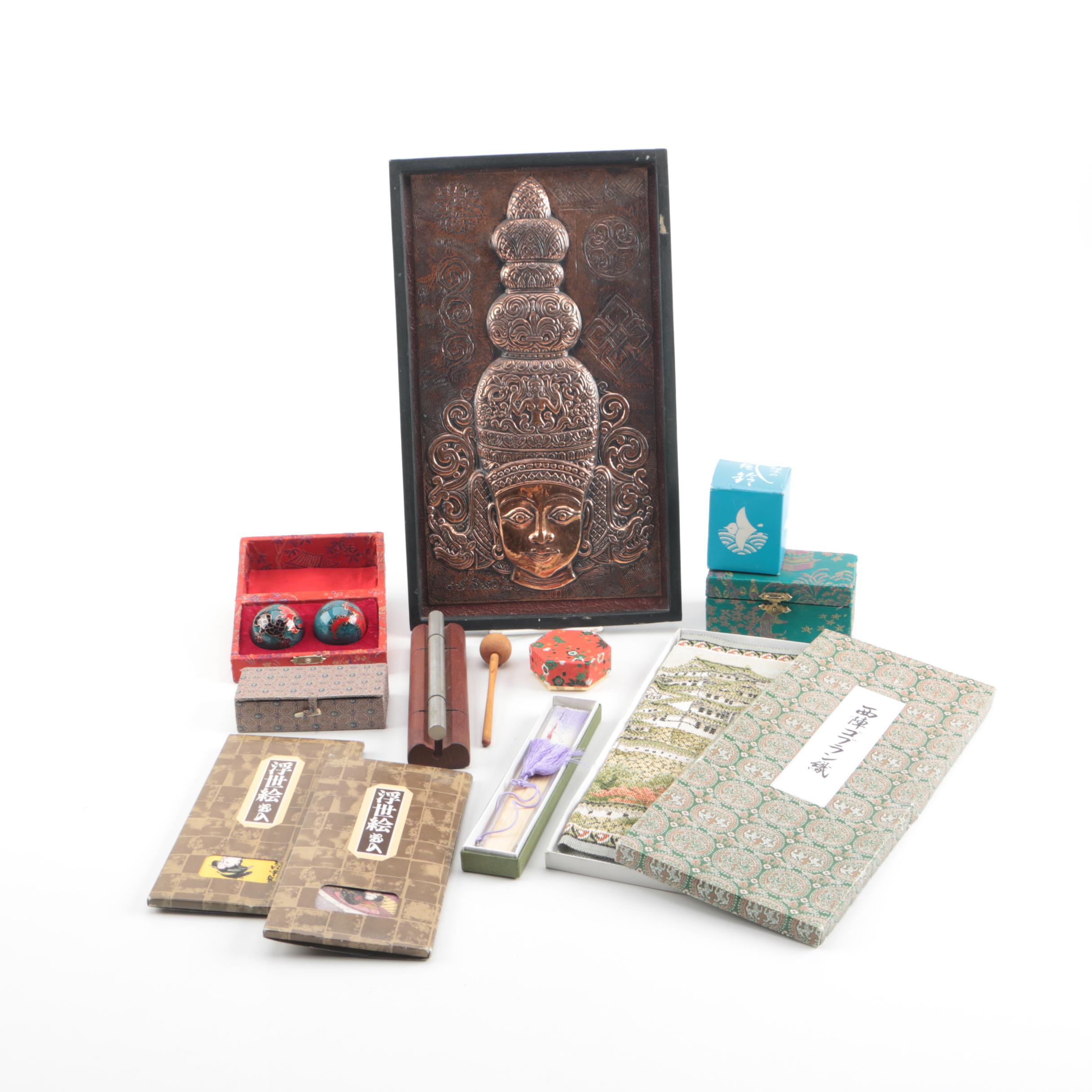 Asian Souvenirs and Decor Including JW Stannard Energy Chime and Baoding Balls