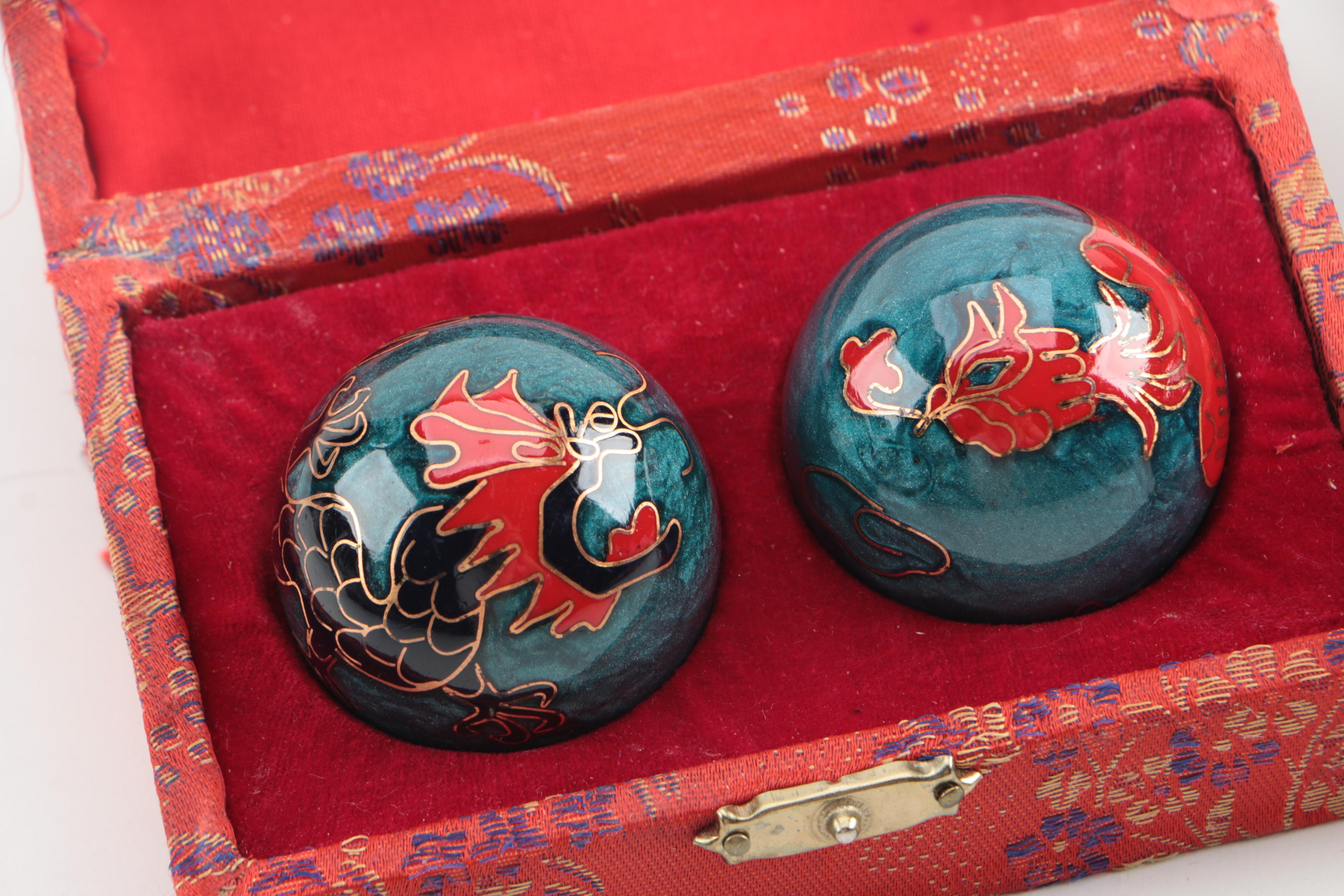 Asian Souvenirs and Decor Including JW Stannard Energy Chime and Baoding Balls