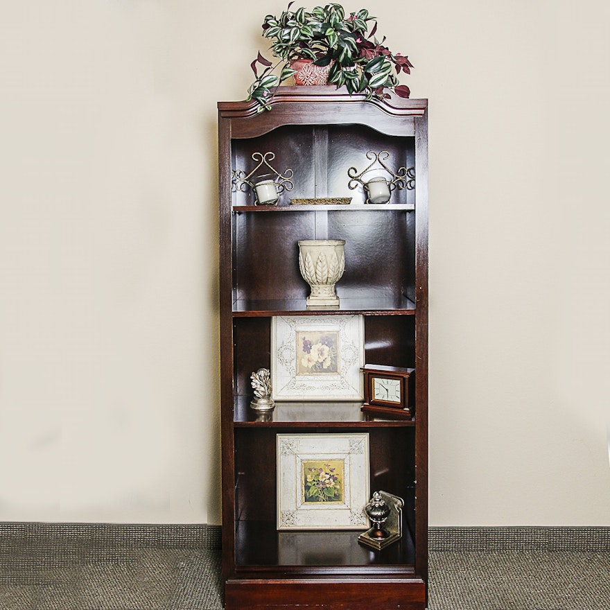 Cherry Finished Bookcase with Eclectic Home Decor