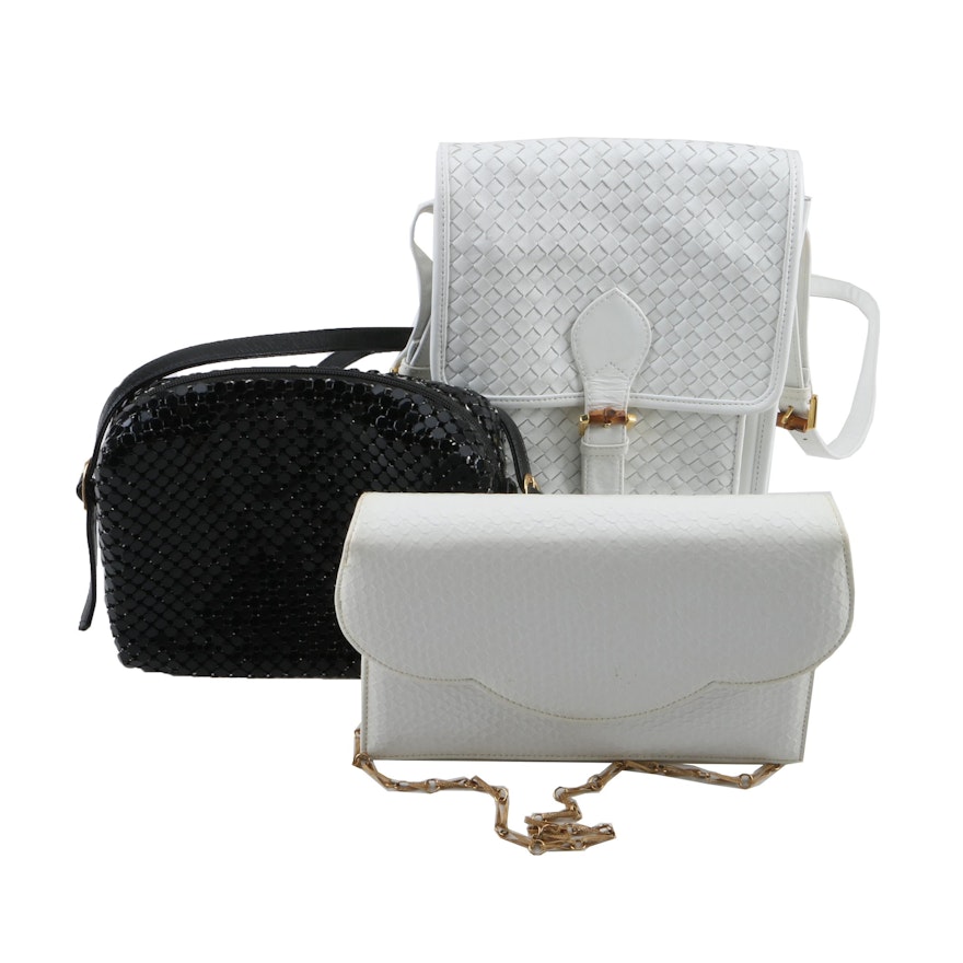 Black Metal Mesh and White Woven Leather and Embossed Leather Handbags