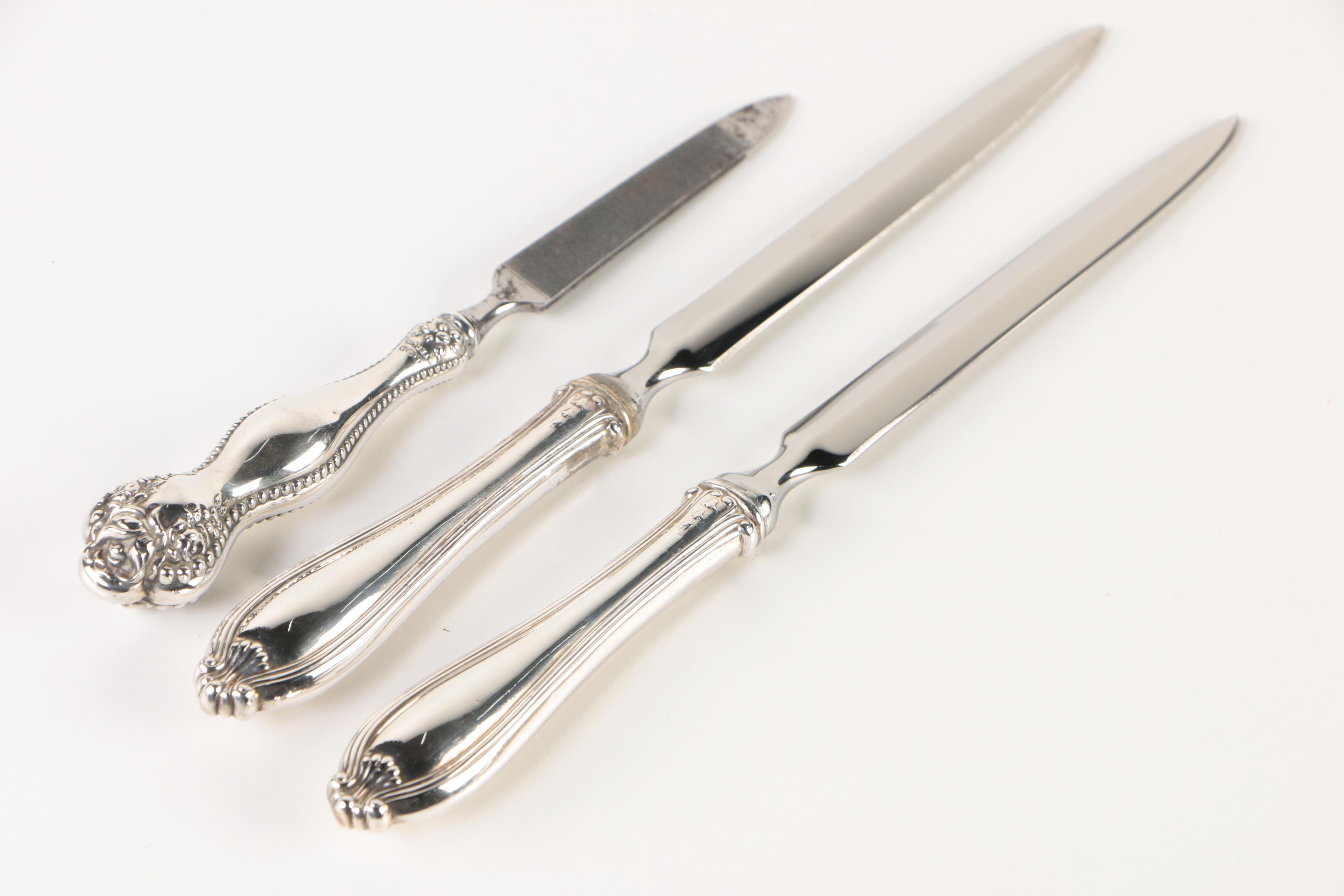 Antique Henry Matthews Sterling Clothes Brush with Letter Openers and Nail File