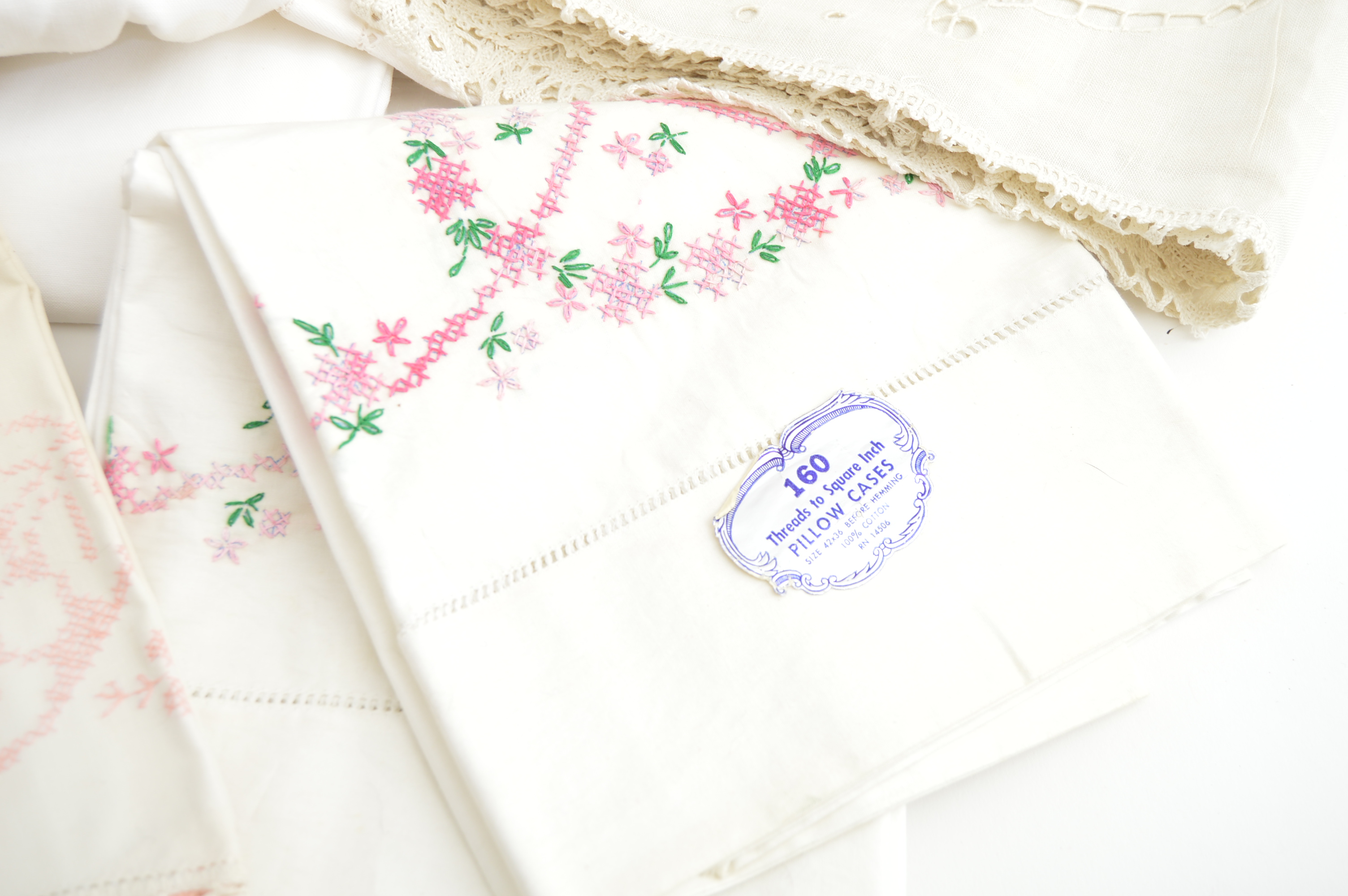 Vintage Embroidered Pillowcase, Bath and Table Linens in White