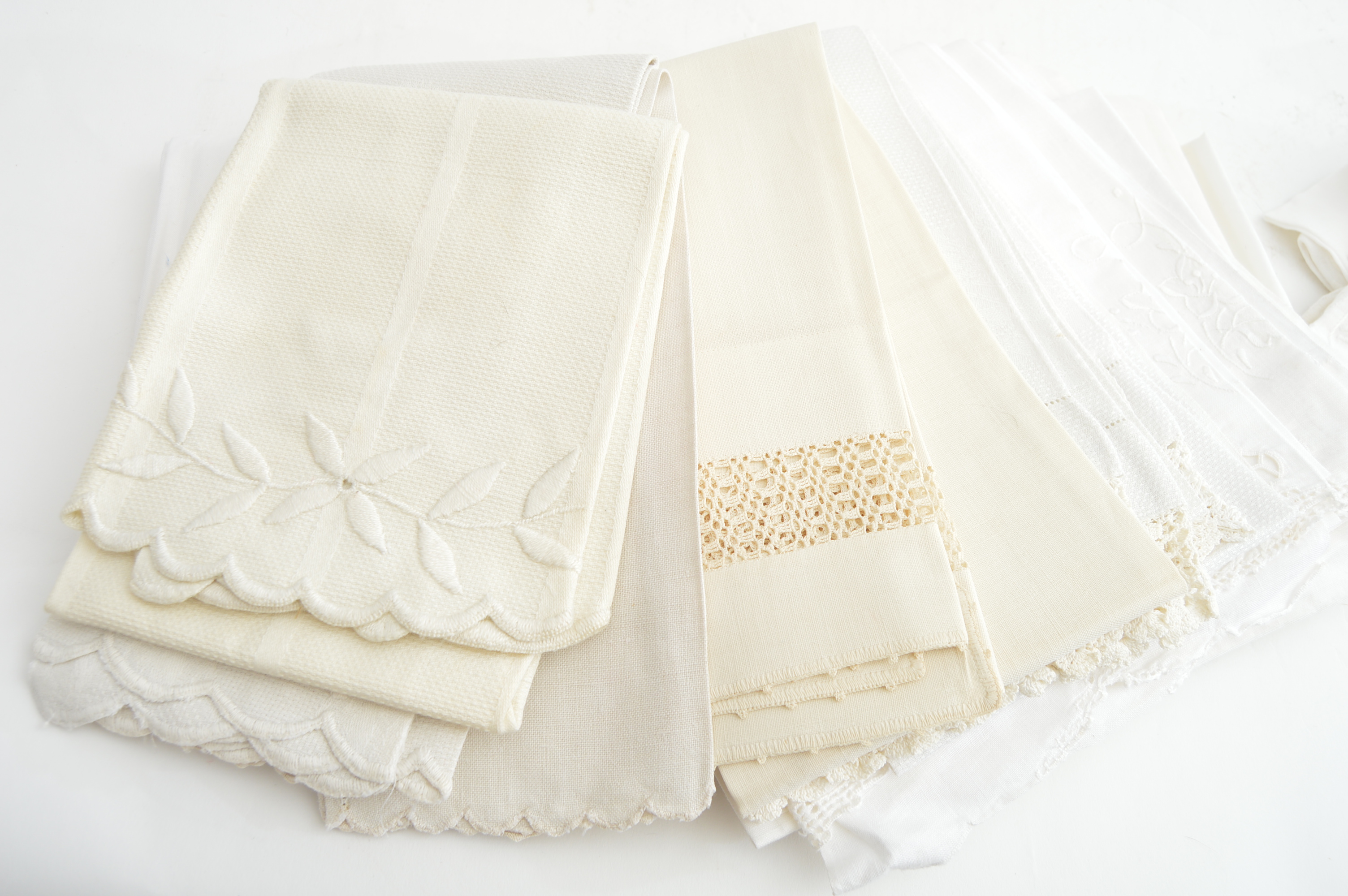 Vintage Embroidered Pillowcase, Bath and Table Linens in White