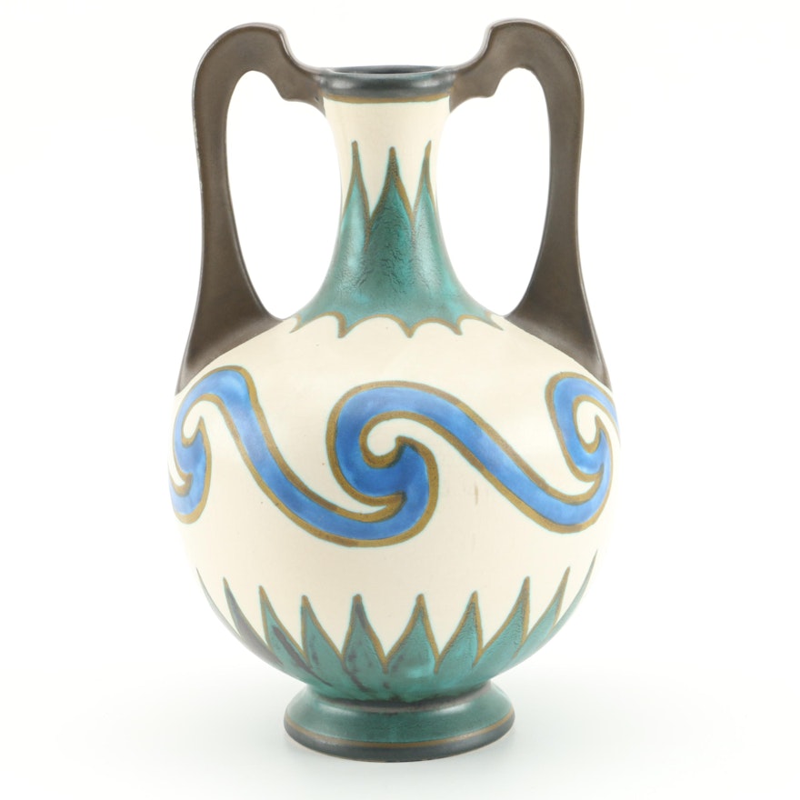 Dutch Gouda Double Handled Vase, Circa 1927