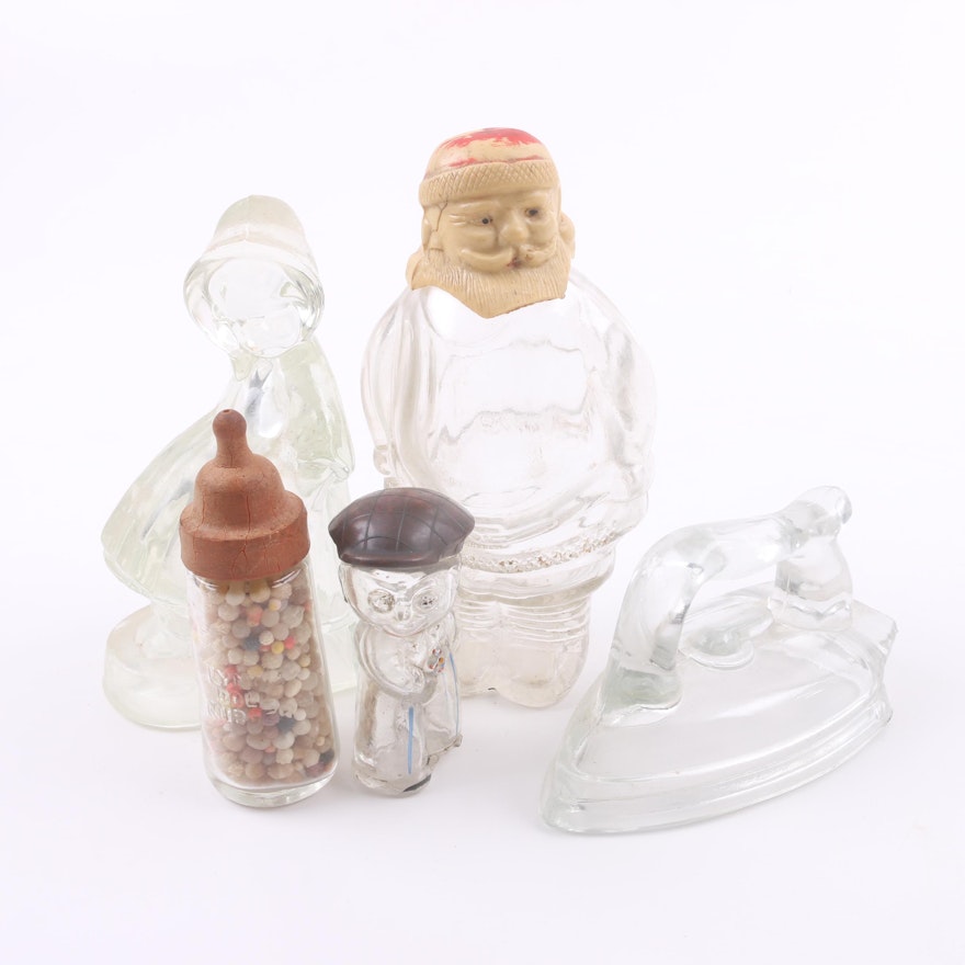 Vintage Pressed Glass Candy Canisters Including Santa Claus