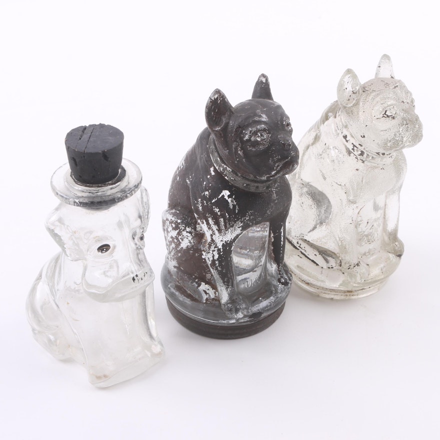 Pressed Glass Figural Dog Candy Canisters Featuring TH Stough Co.