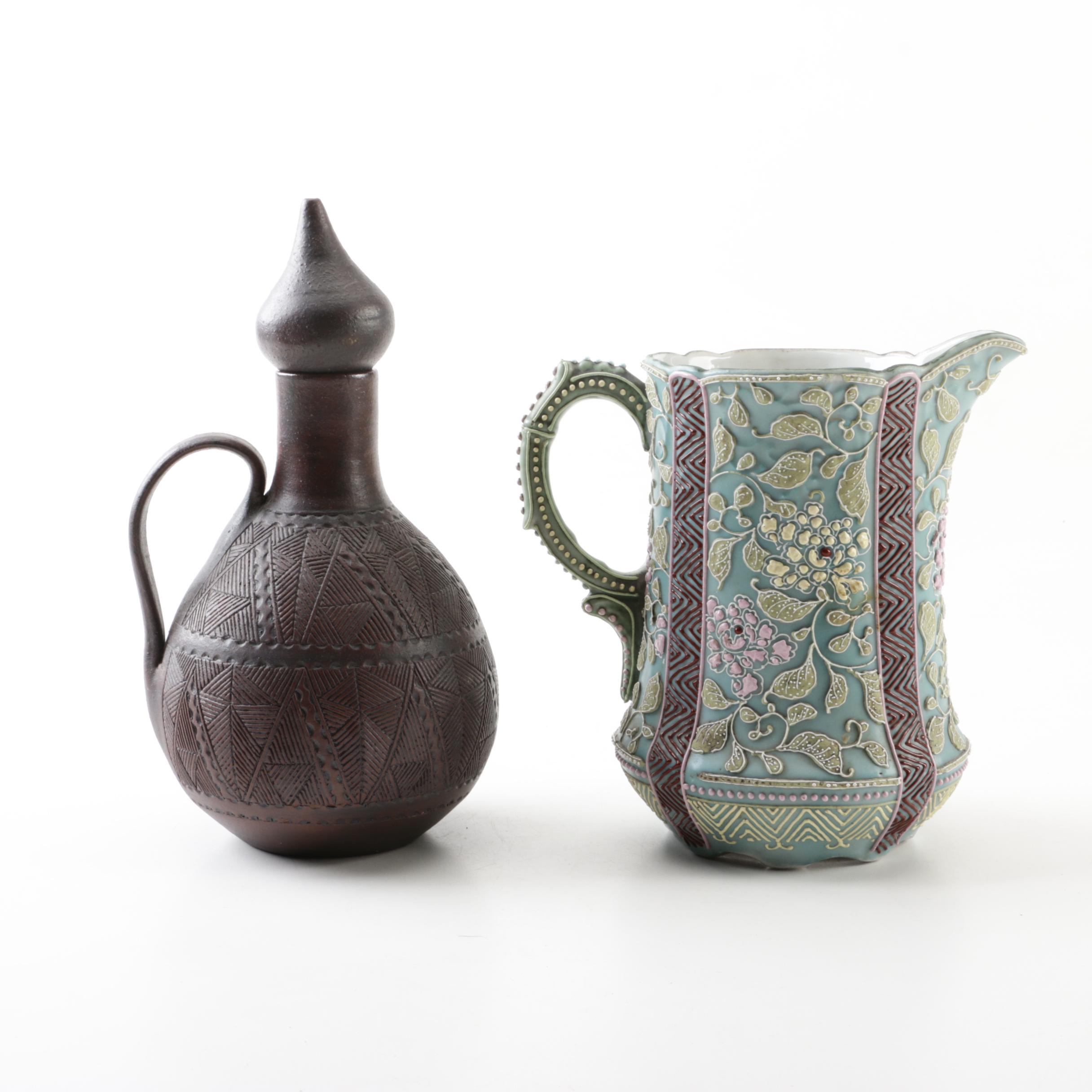 Six Nations Kanyengeh Handmade Pottery Vessel and East Asian Moriage Pitcher