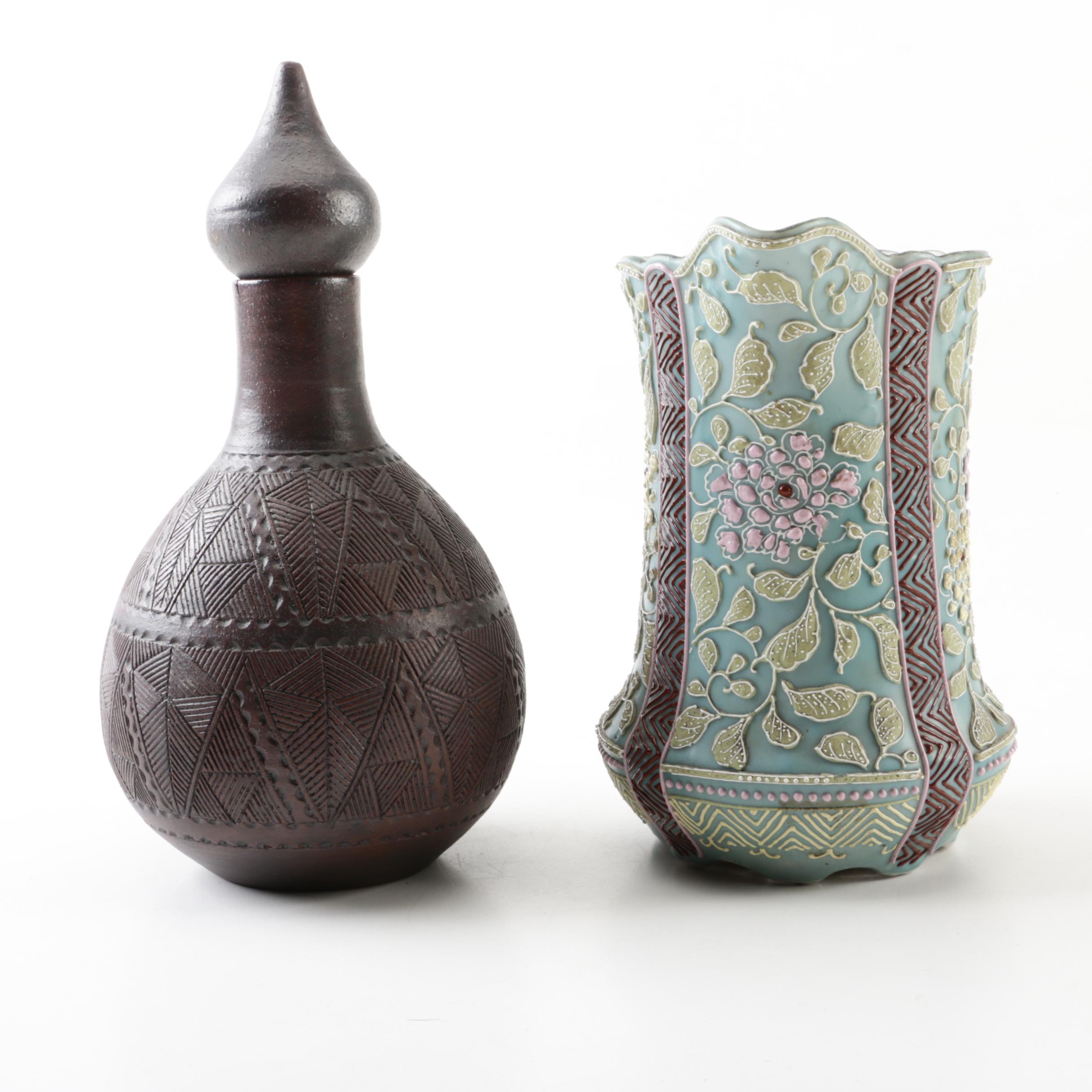 Six Nations Kanyengeh Handmade Pottery Vessel and East Asian Moriage Pitcher