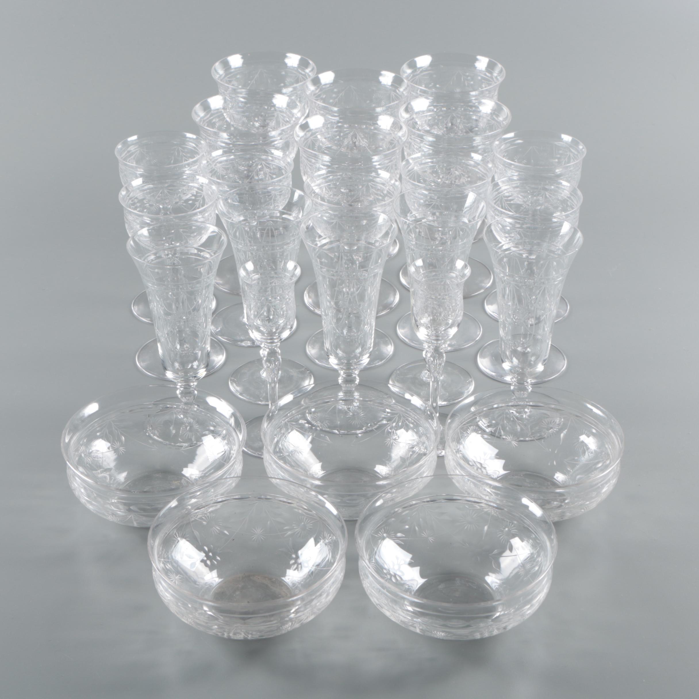 Vintage Floral Cut Glass Stemware and Finger Bowls