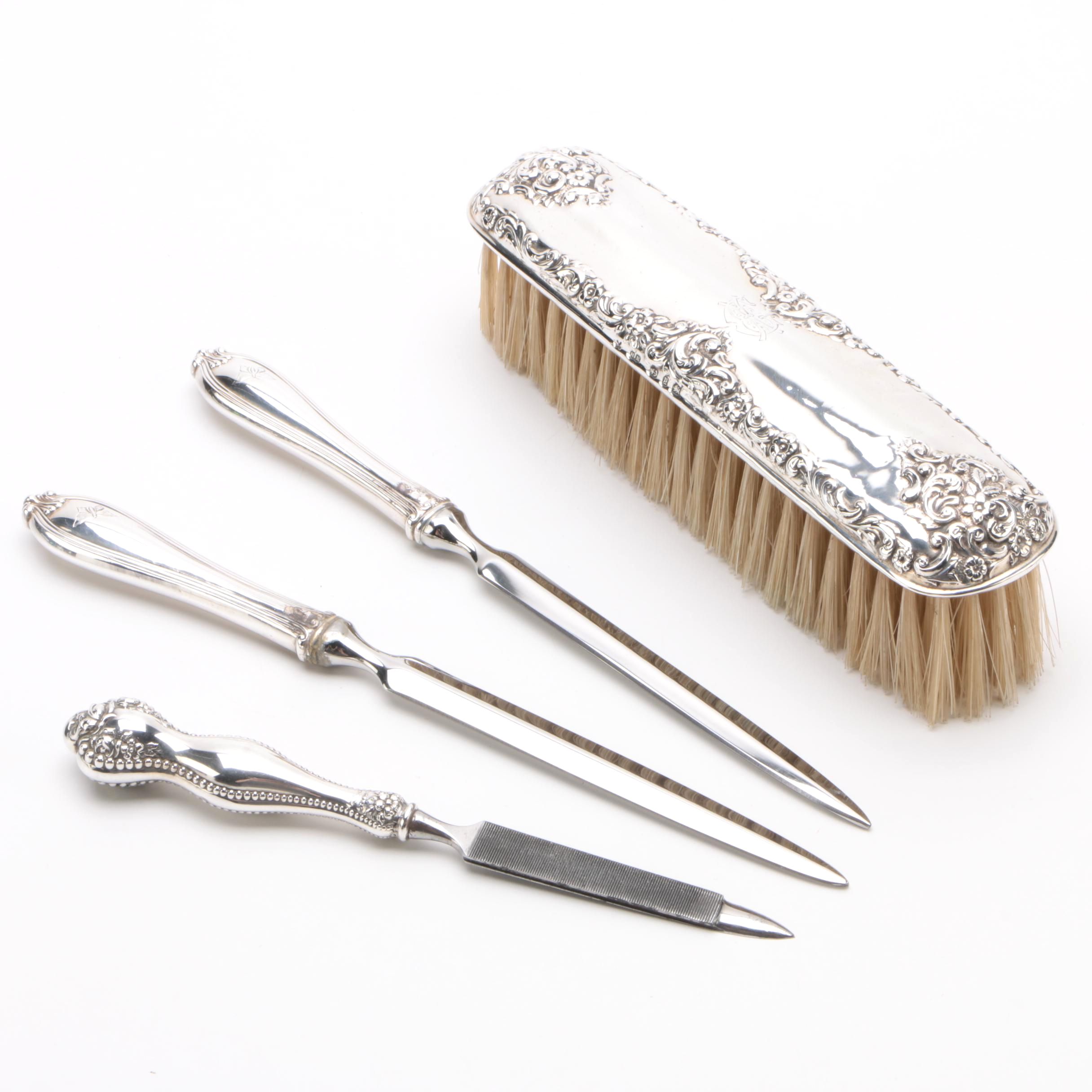 Antique Henry Matthews Sterling Clothes Brush with Letter Openers and Nail File