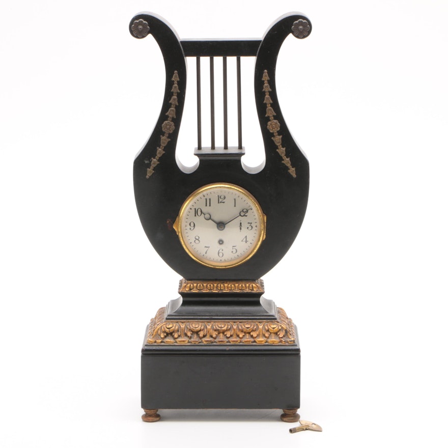 Neoclassical Inspired Lyre Form Wooden Shelf Clock