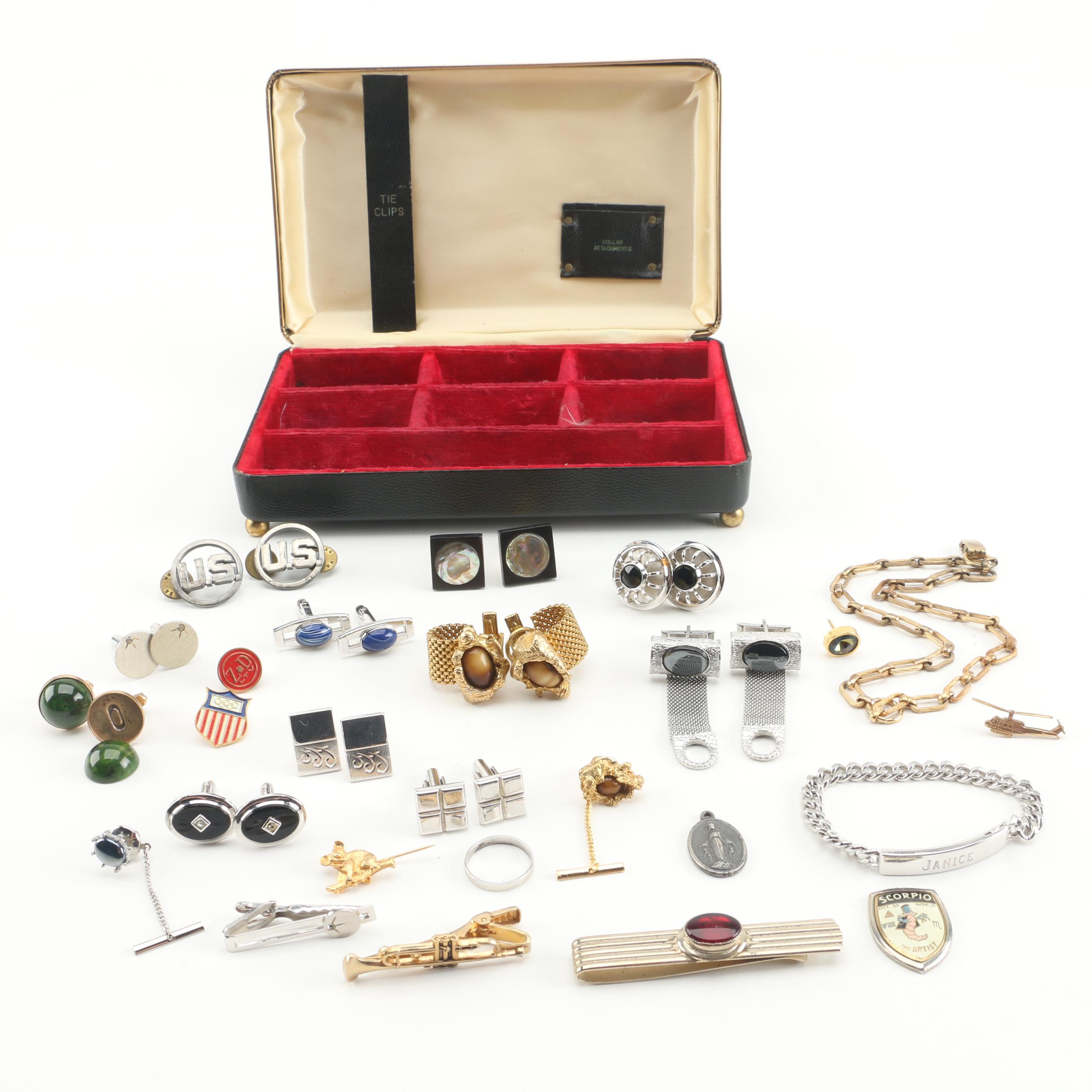 Vintage Cufflinks in Case Featuring Abalone, Hematite and More