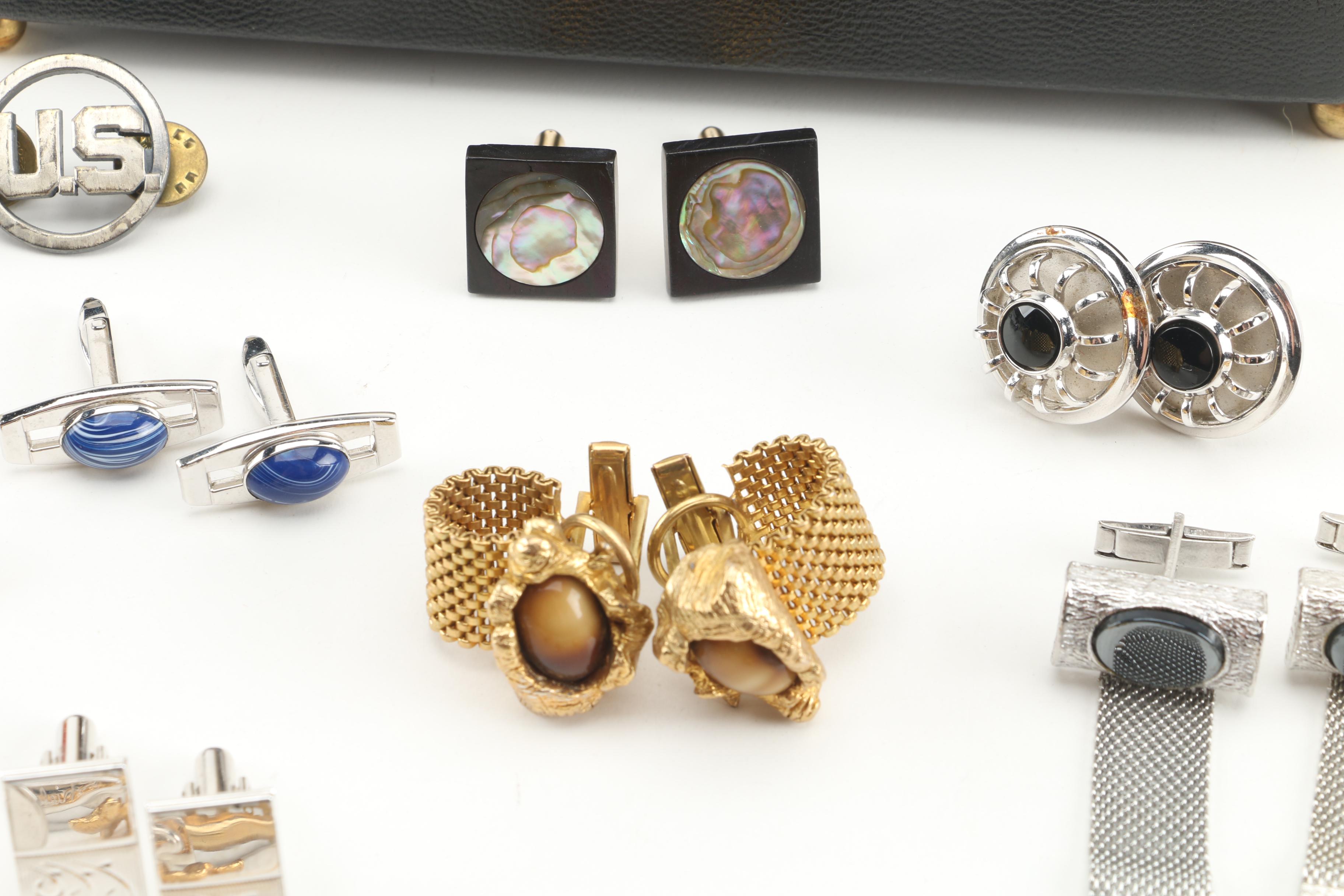 Vintage Cufflinks in Case Featuring Abalone, Hematite and More