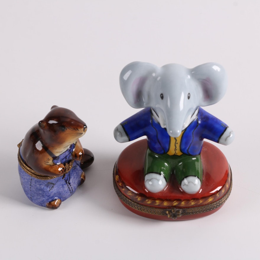 Limoges Hand-Painted Anthropomorphic Beaver and Elephant Porcelain Trinket Boxes