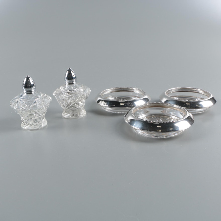 Frank M. Whiting Sterling Rimmed Crystal Coasters with Glass Condiment Shakers