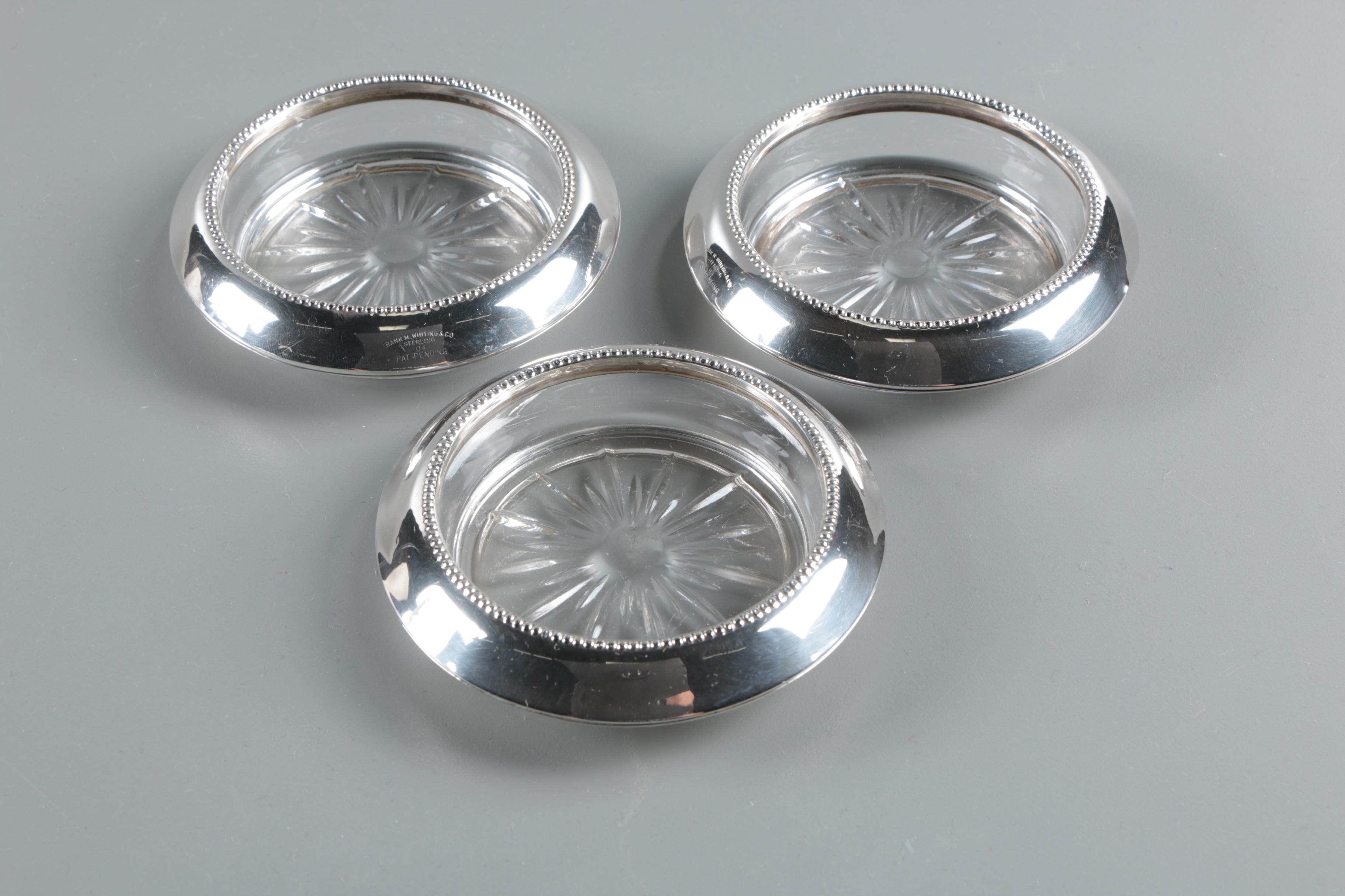 Frank M. Whiting Sterling Rimmed Crystal Coasters with Glass Condiment Shakers