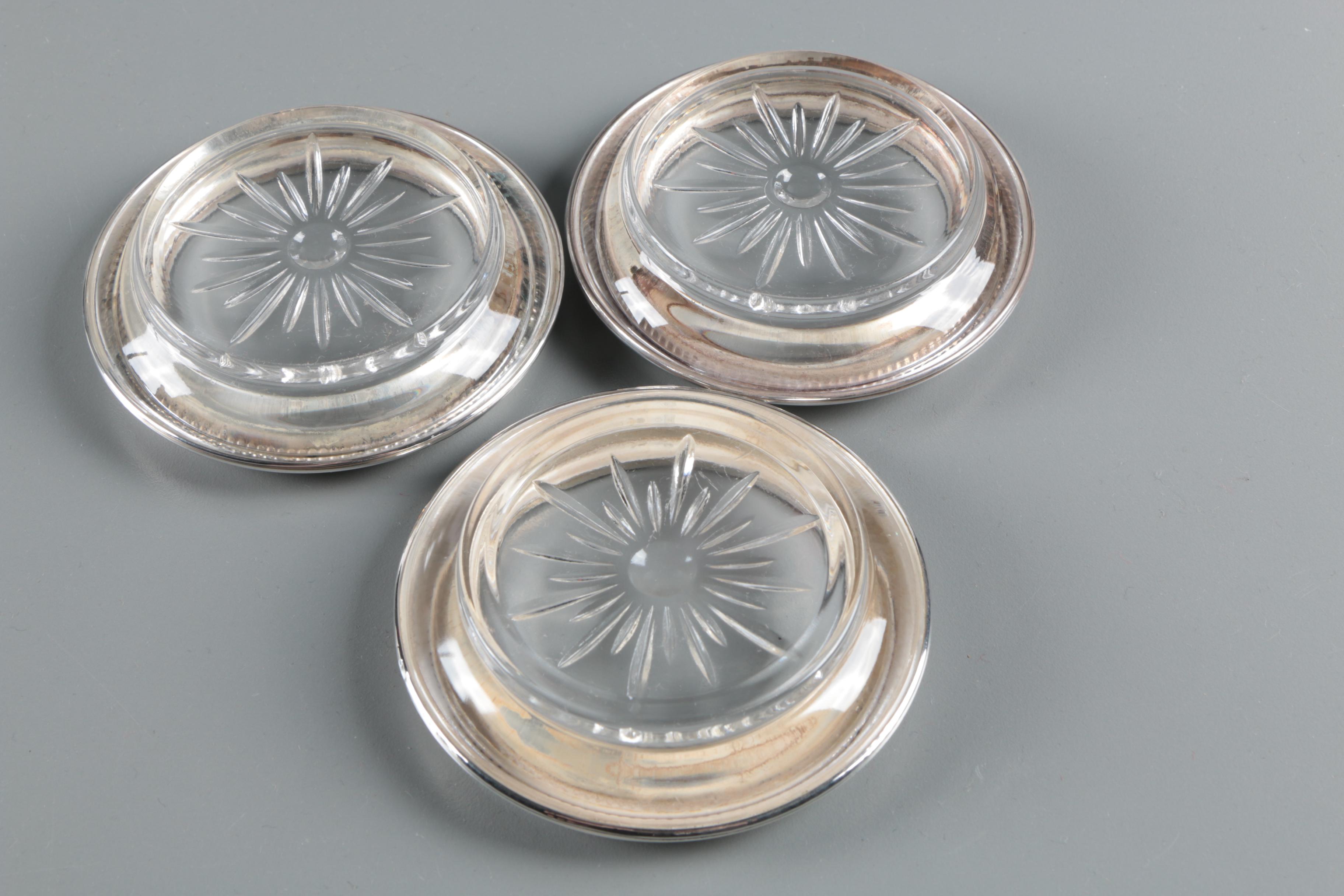 Frank M. Whiting Sterling Rimmed Crystal Coasters with Glass Condiment Shakers