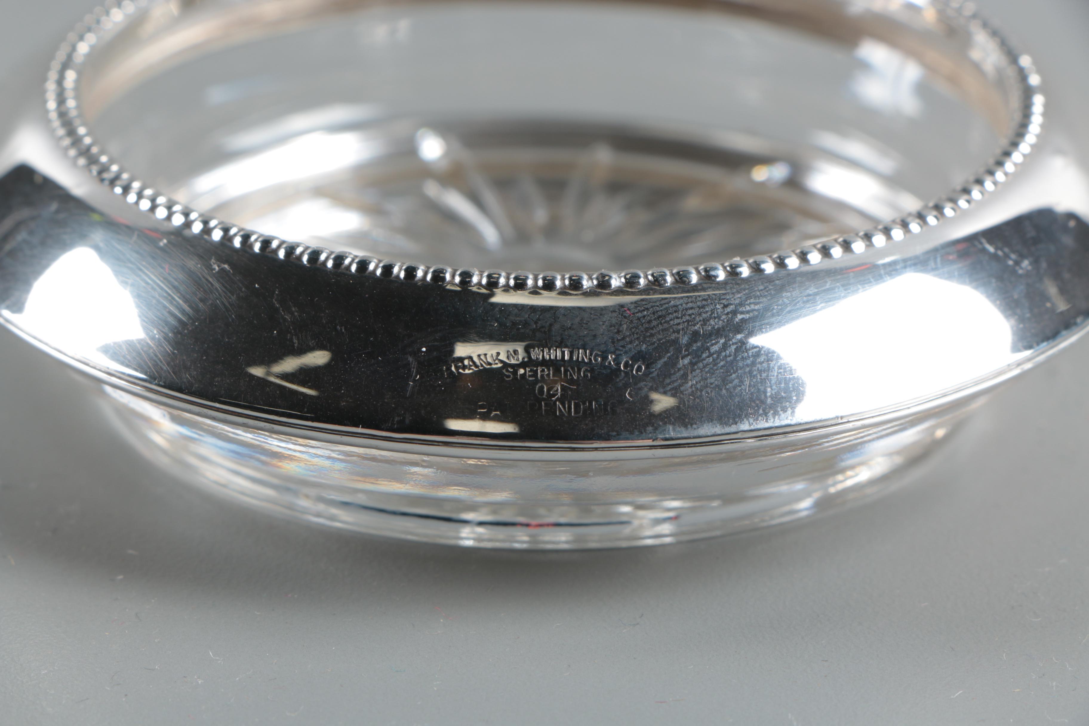 Frank M. Whiting Sterling Rimmed Crystal Coasters with Glass Condiment Shakers