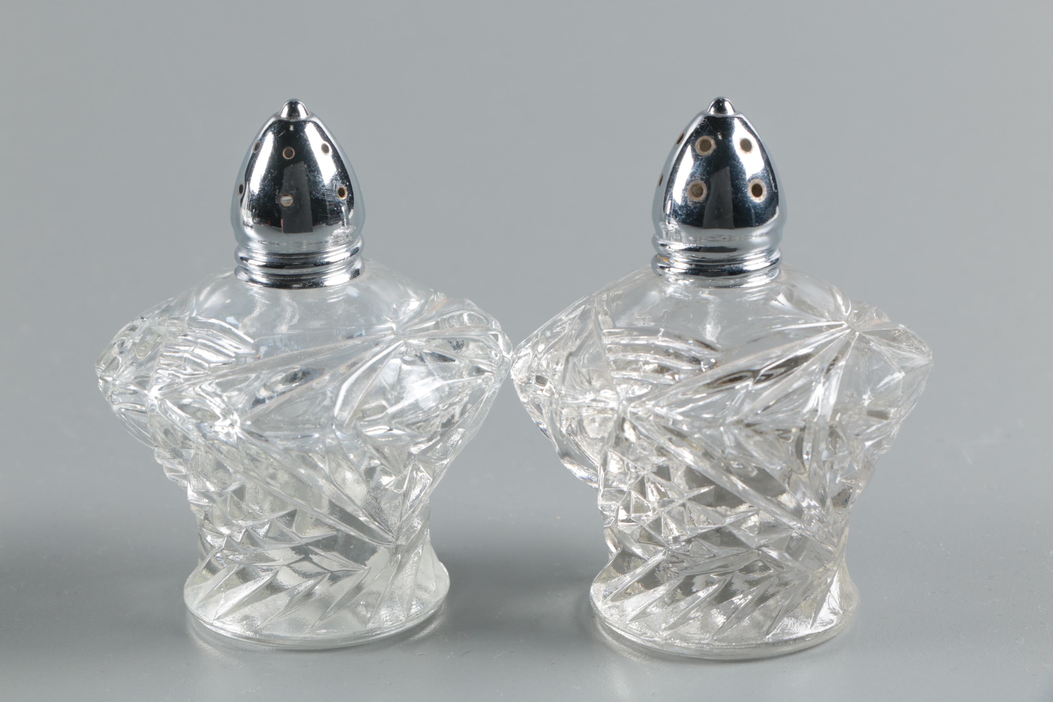 Frank M. Whiting Sterling Rimmed Crystal Coasters with Glass Condiment Shakers