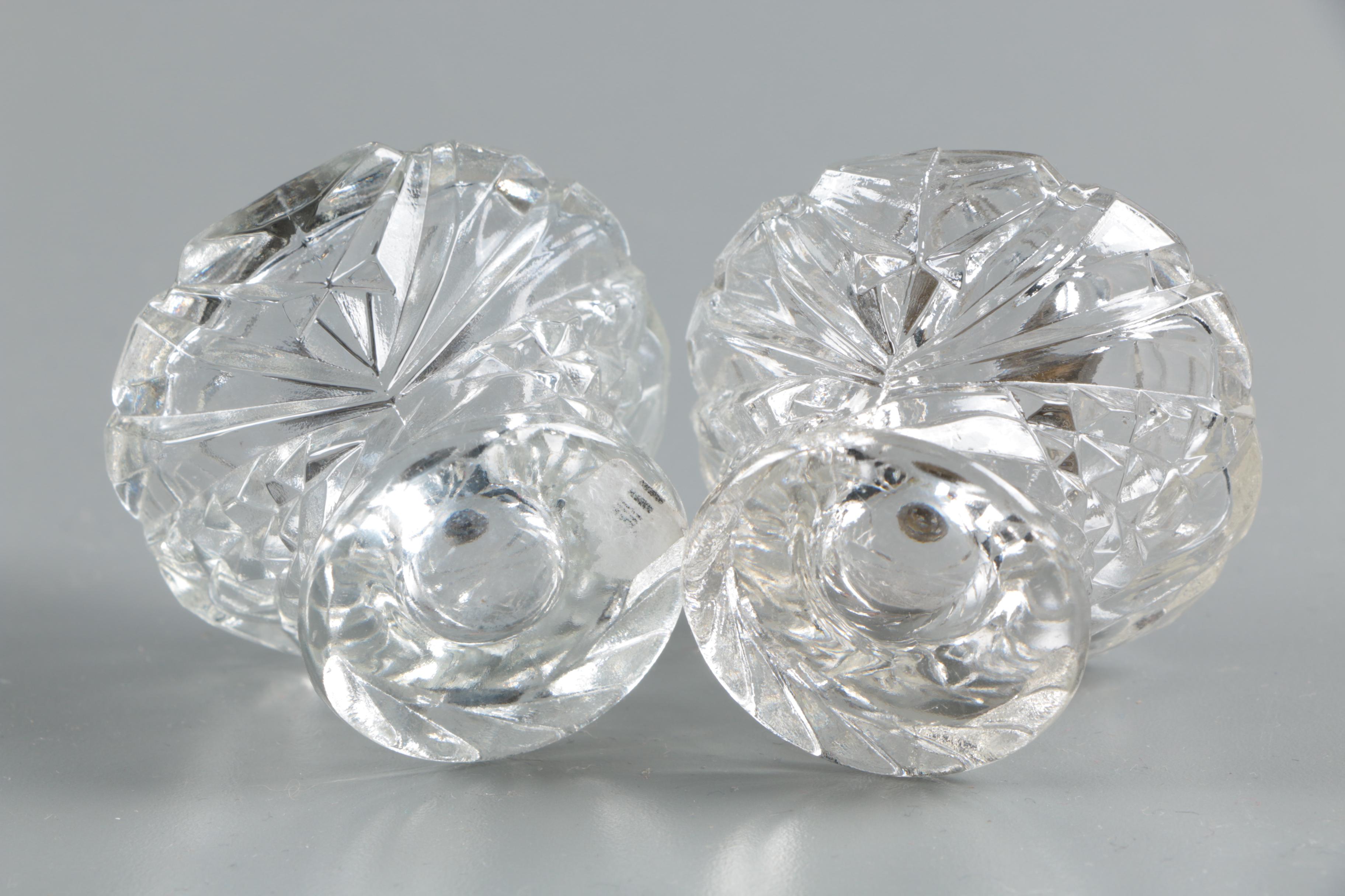 Frank M. Whiting Sterling Rimmed Crystal Coasters with Glass Condiment Shakers