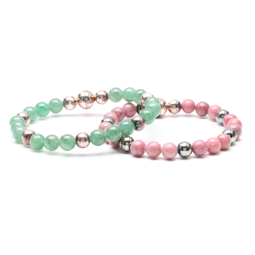 Milor Sterling Silver Aventurine and Rhodonite Beaded Bracelets