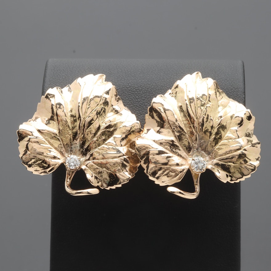 14K Yellow Gold Diamond Leaf Earrings