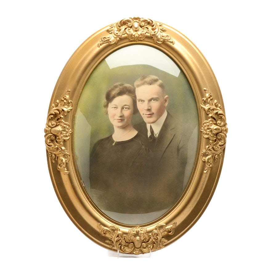 Vintage Hand-colored Photograph of Couple Framed Under Convex Glass