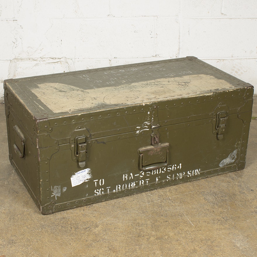 Vintage Green Metal Military Foot Locker Chest