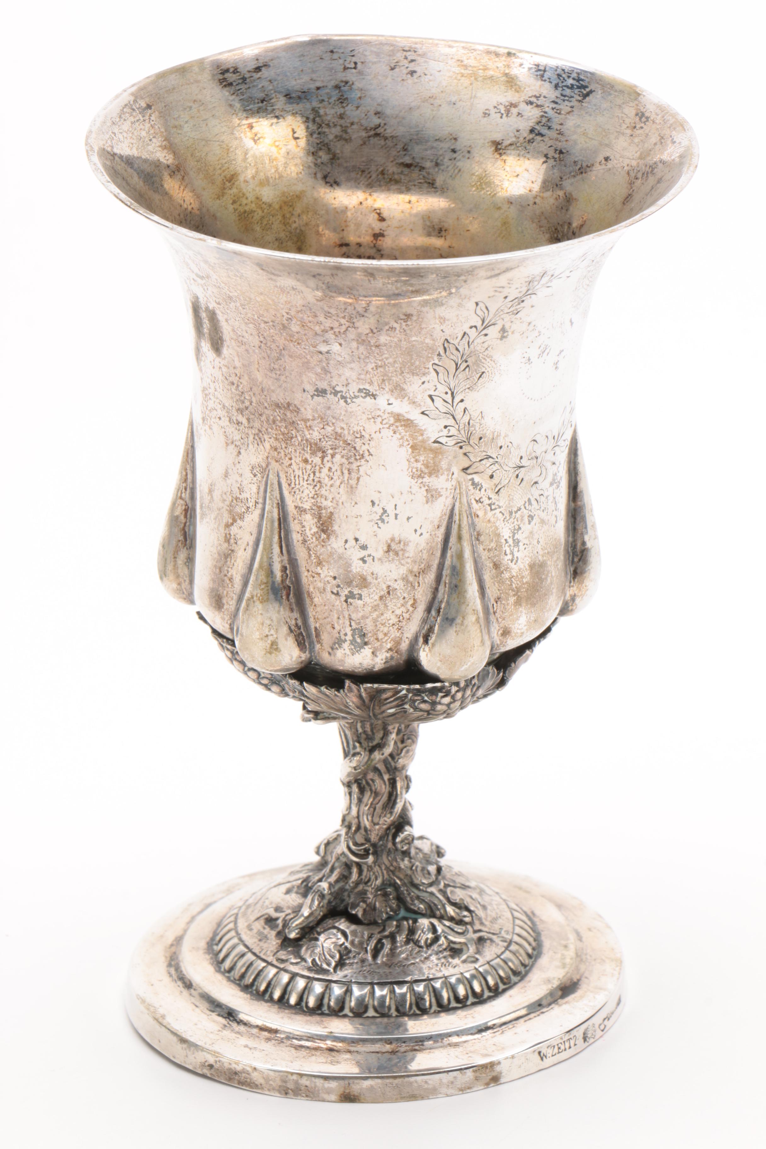 19th Century W. Zeitz German 750 Silver Grapevine Motif Goblet