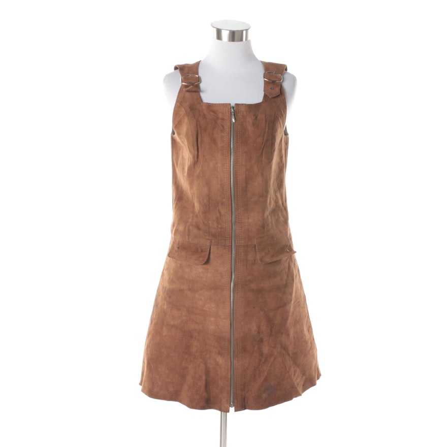 Women's Vintage Brown Suede Sleeveless Overall Dress