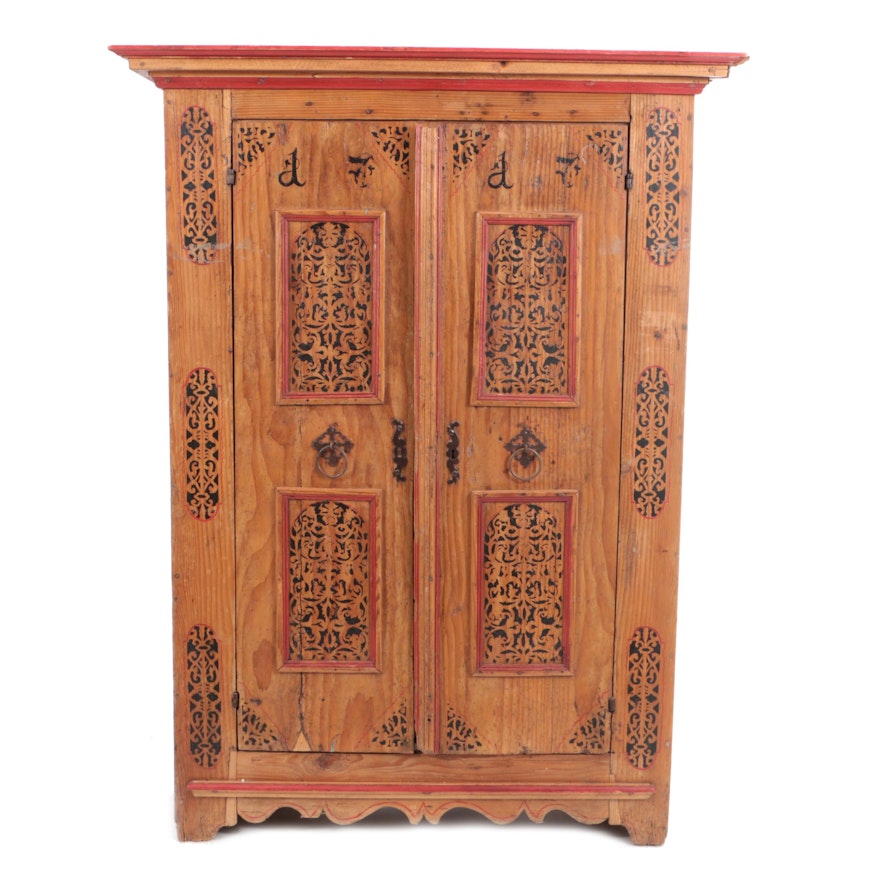 20th Century Spanish Colonial Style Pine Wardrobe with Stencil Decoration