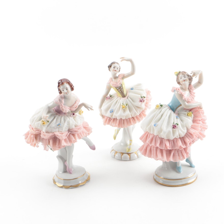 Aelteste Volkstedter Dresden Lace Porcelain Ballerina Figurines