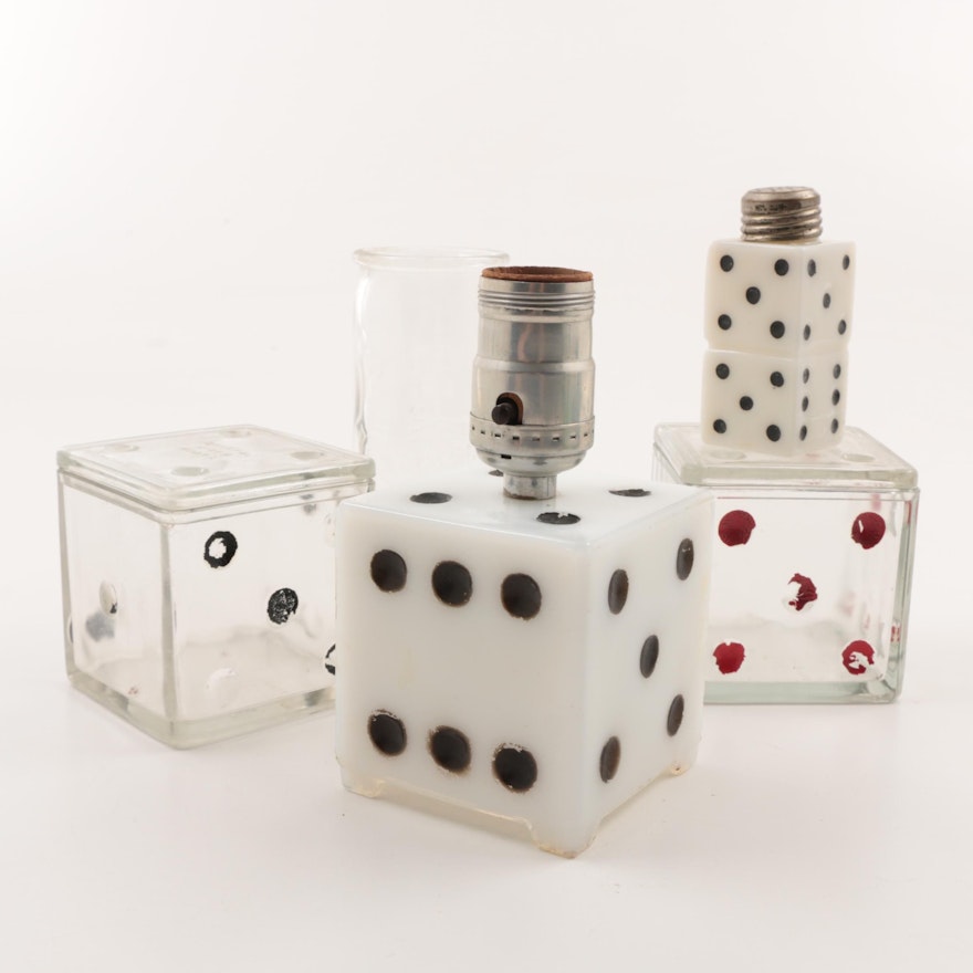 Vintage Pressed Glass Dice Boxes, Salt Shaker, and Table Lamp