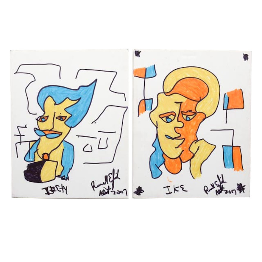 Two Ronald English Original Abstract Portrait Marker Drawings