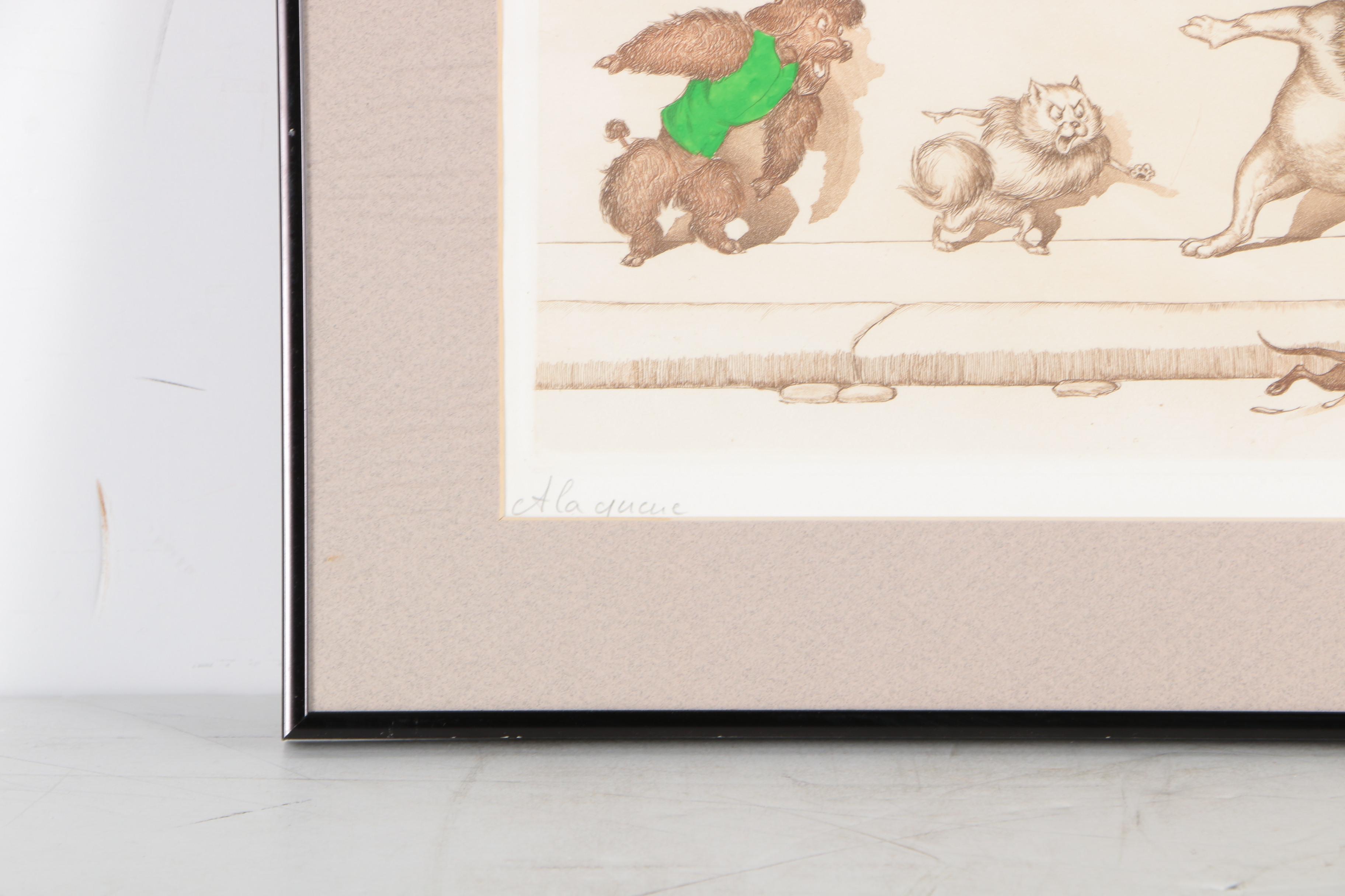 Boris O'Klein Hand-Colored Etching "A la Queue"