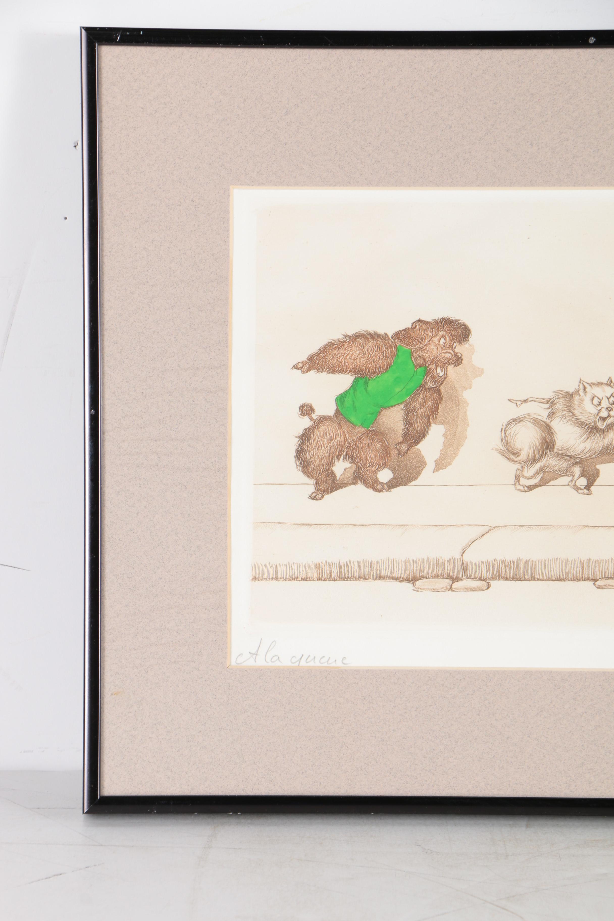 Boris O'Klein Hand-Colored Etching "A la Queue"