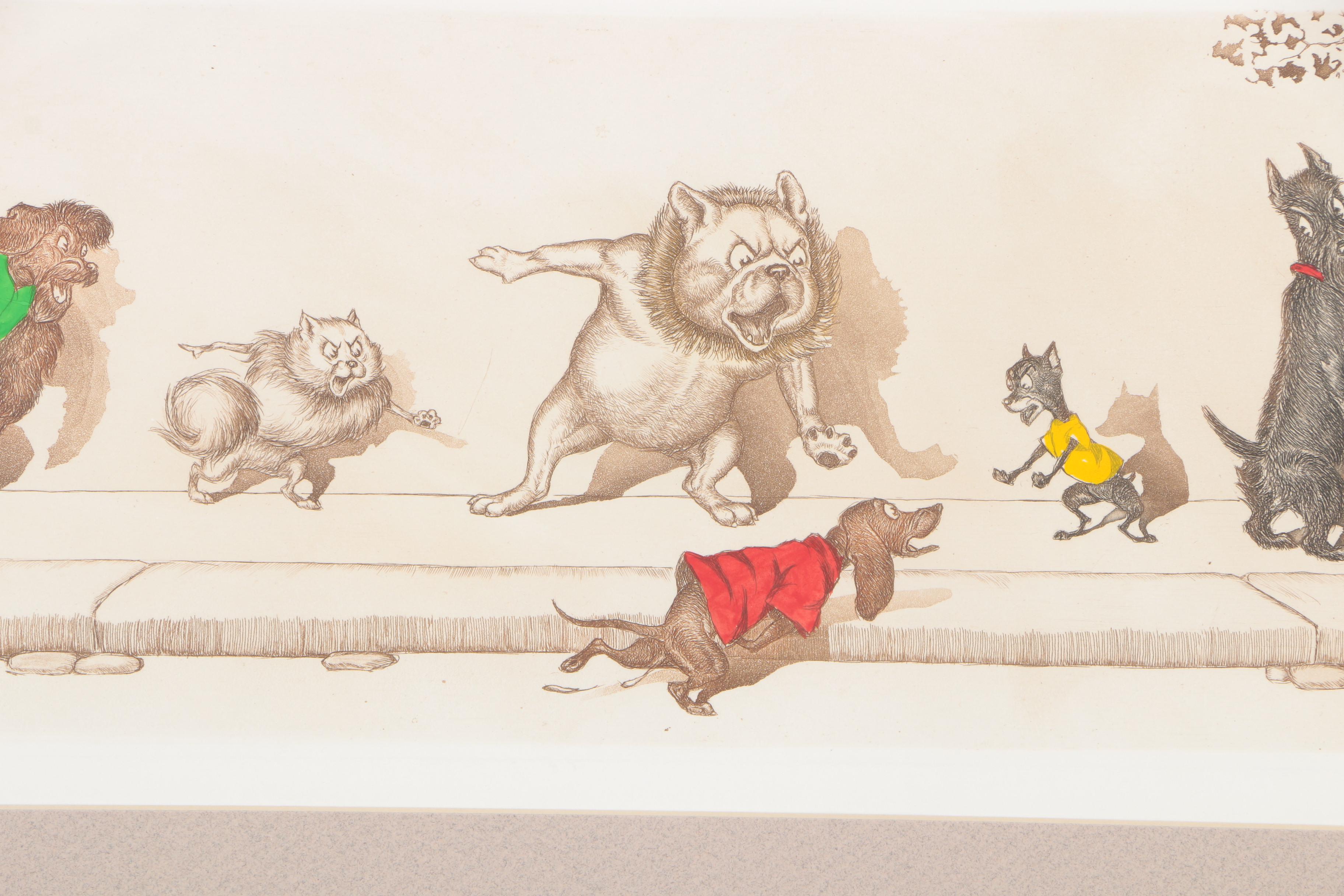 Boris O'Klein Hand-Colored Etching "A la Queue"